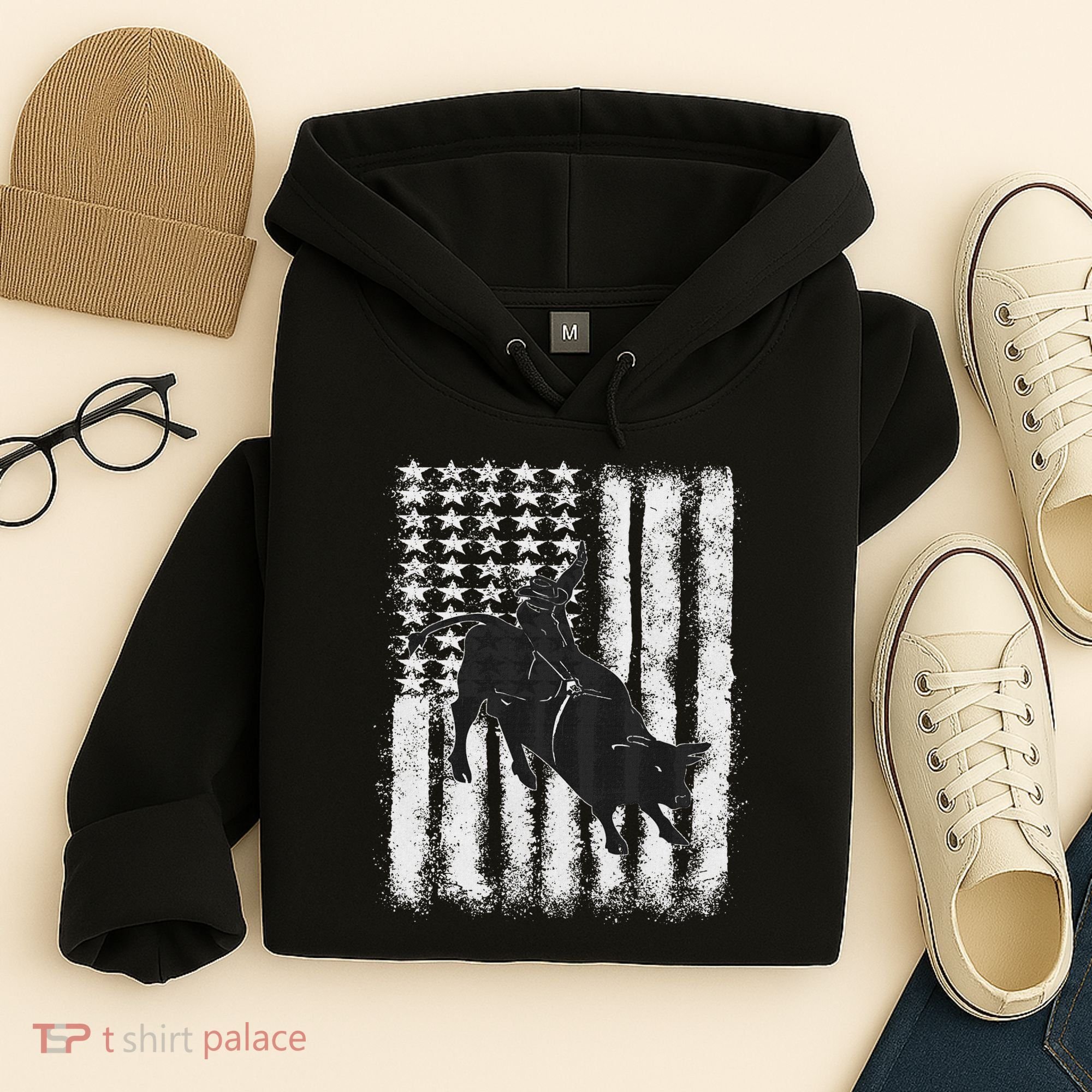 Rodeo Bull Riding Distressed Grunge American Flag Keepsake Hoodie