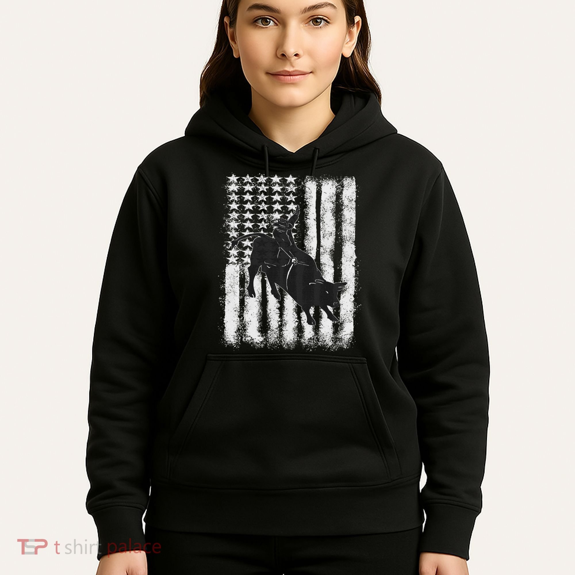 Rodeo Bull Riding Distressed Grunge American Flag Keepsake Hoodie