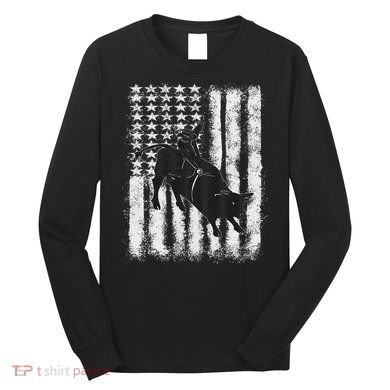 Rodeo Bull Riding Distressed Grunge American Flag Keepsake Long Sleeve Shirt