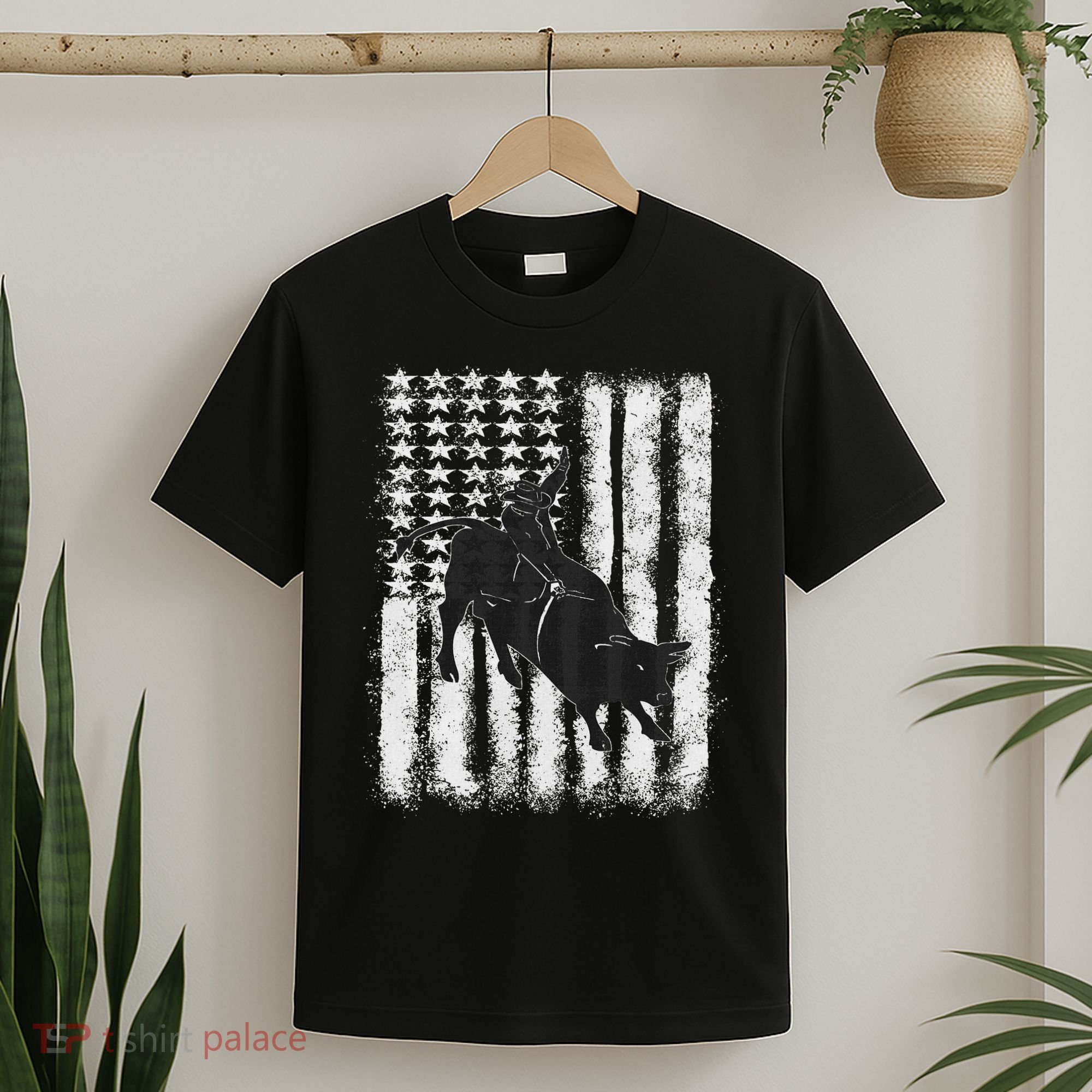 Rodeo Bull Riding Distressed Grunge American Flag Keepsake T-Shirt