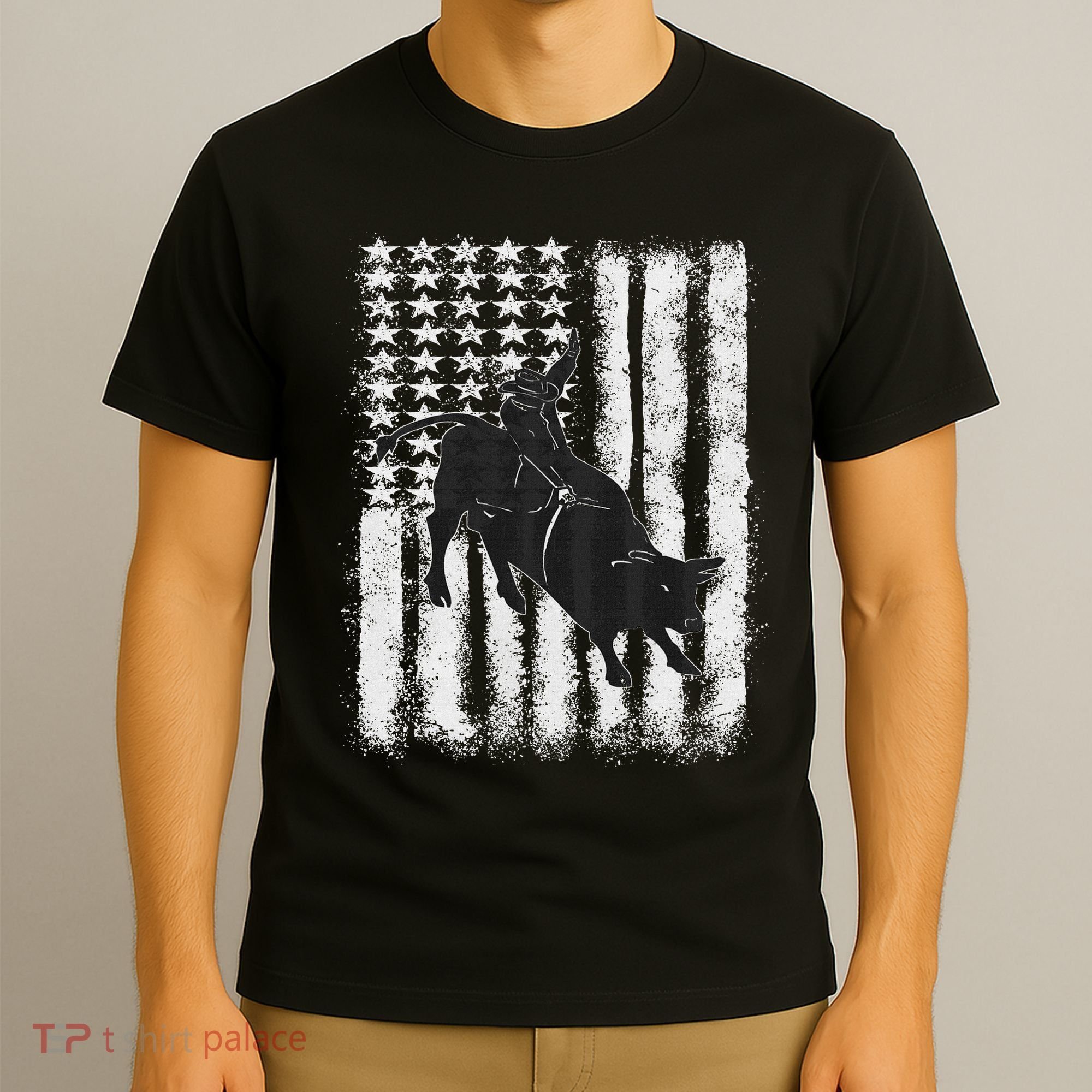 Rodeo Bull Riding Distressed Grunge American Flag Keepsake T-Shirt