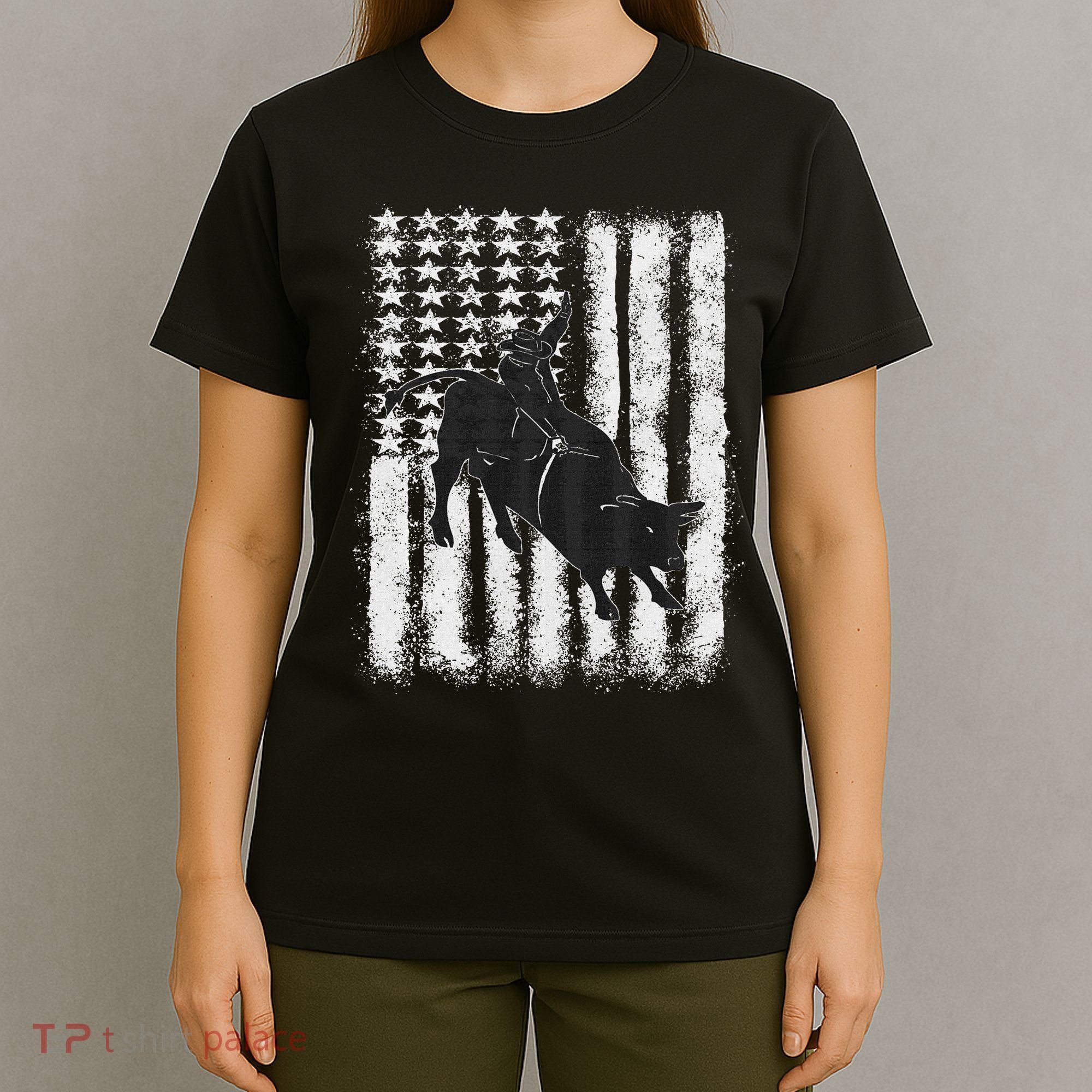 Rodeo Bull Riding Distressed Grunge American Flag Keepsake T-Shirt