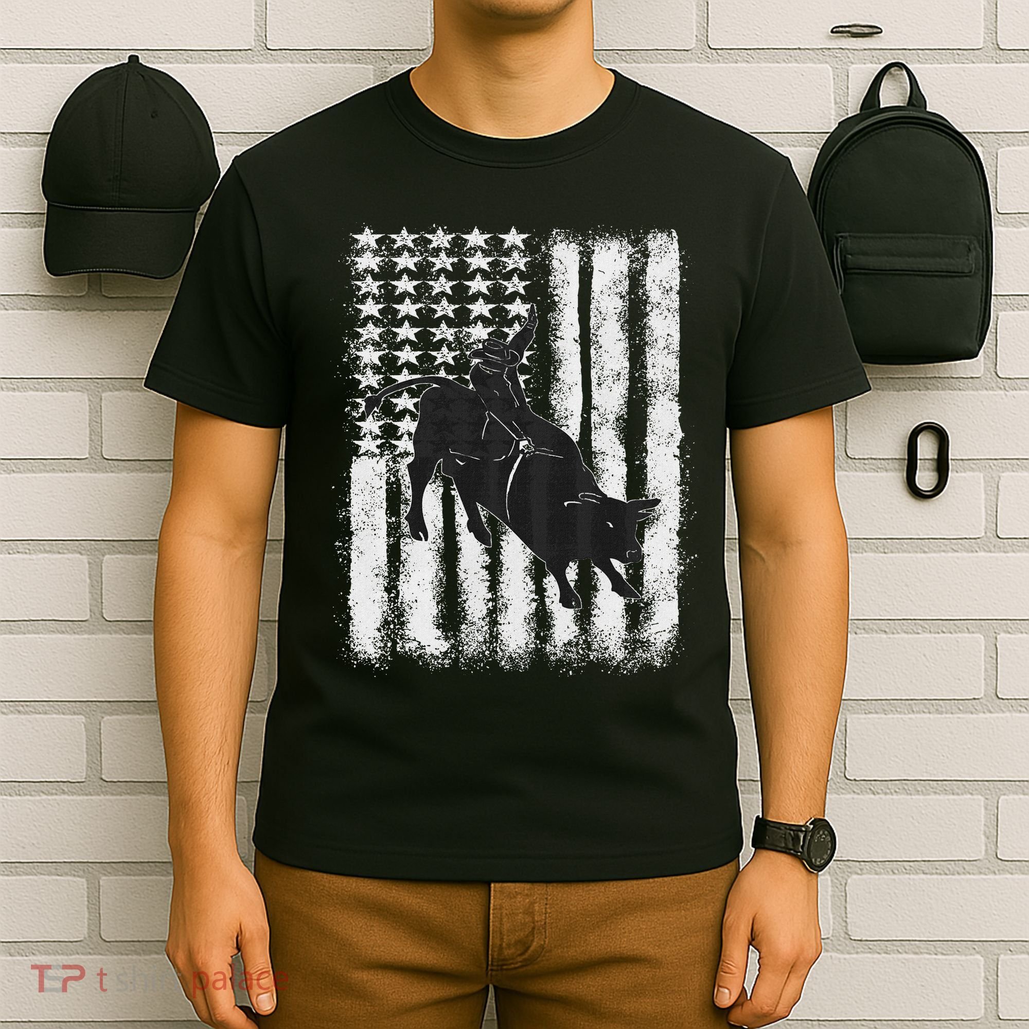 Rodeo Bull Riding Distressed Grunge American Flag Keepsake T-Shirt