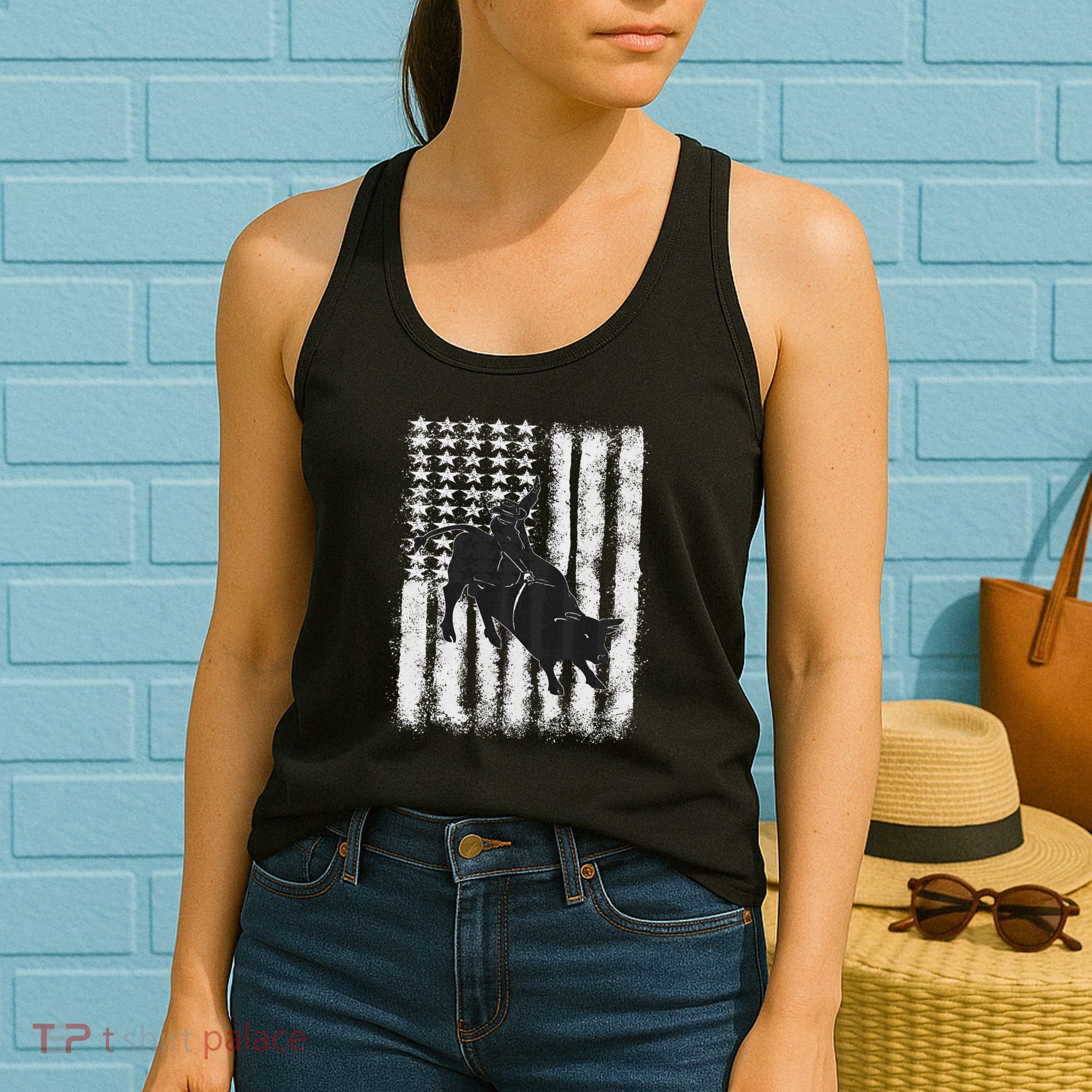 Rodeo Bull Riding Distressed Grunge American Flag Keepsake Women's Tank Top