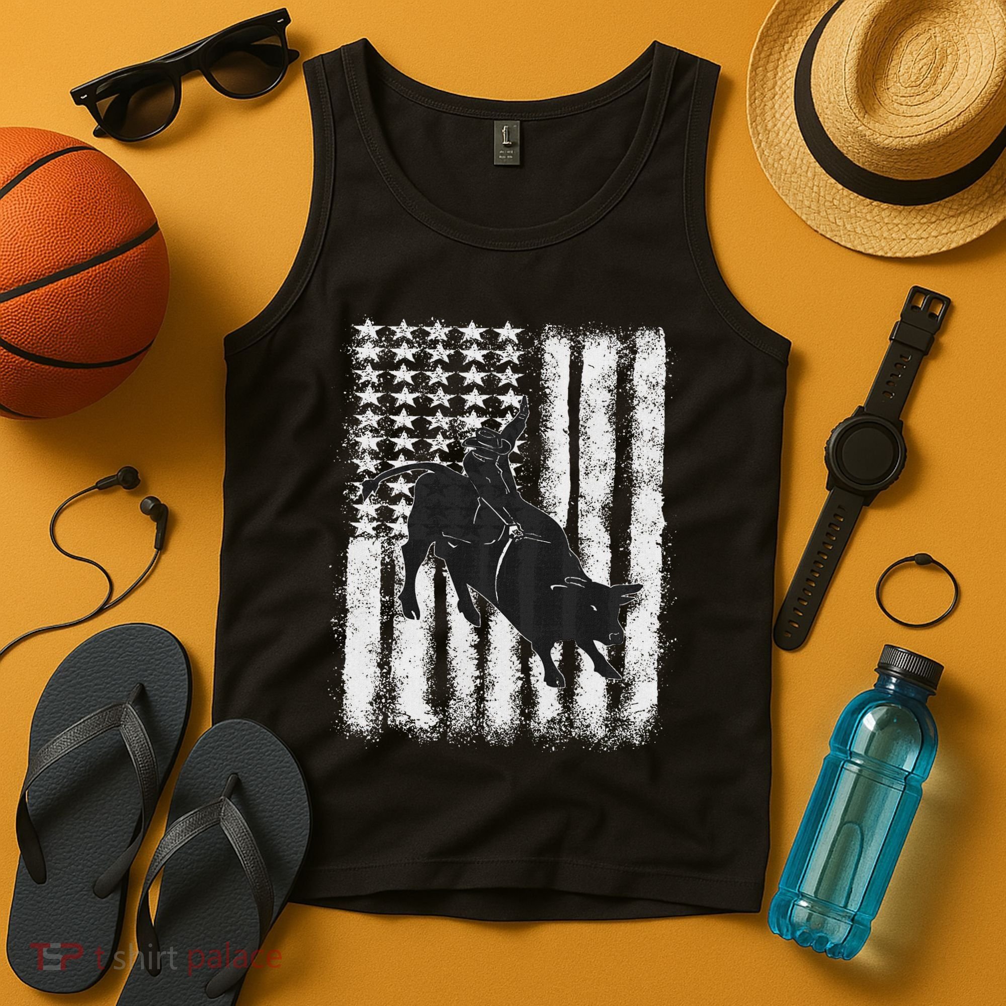 Rodeo Bull Riding Distressed Grunge American Flag Keepsake Tank Top