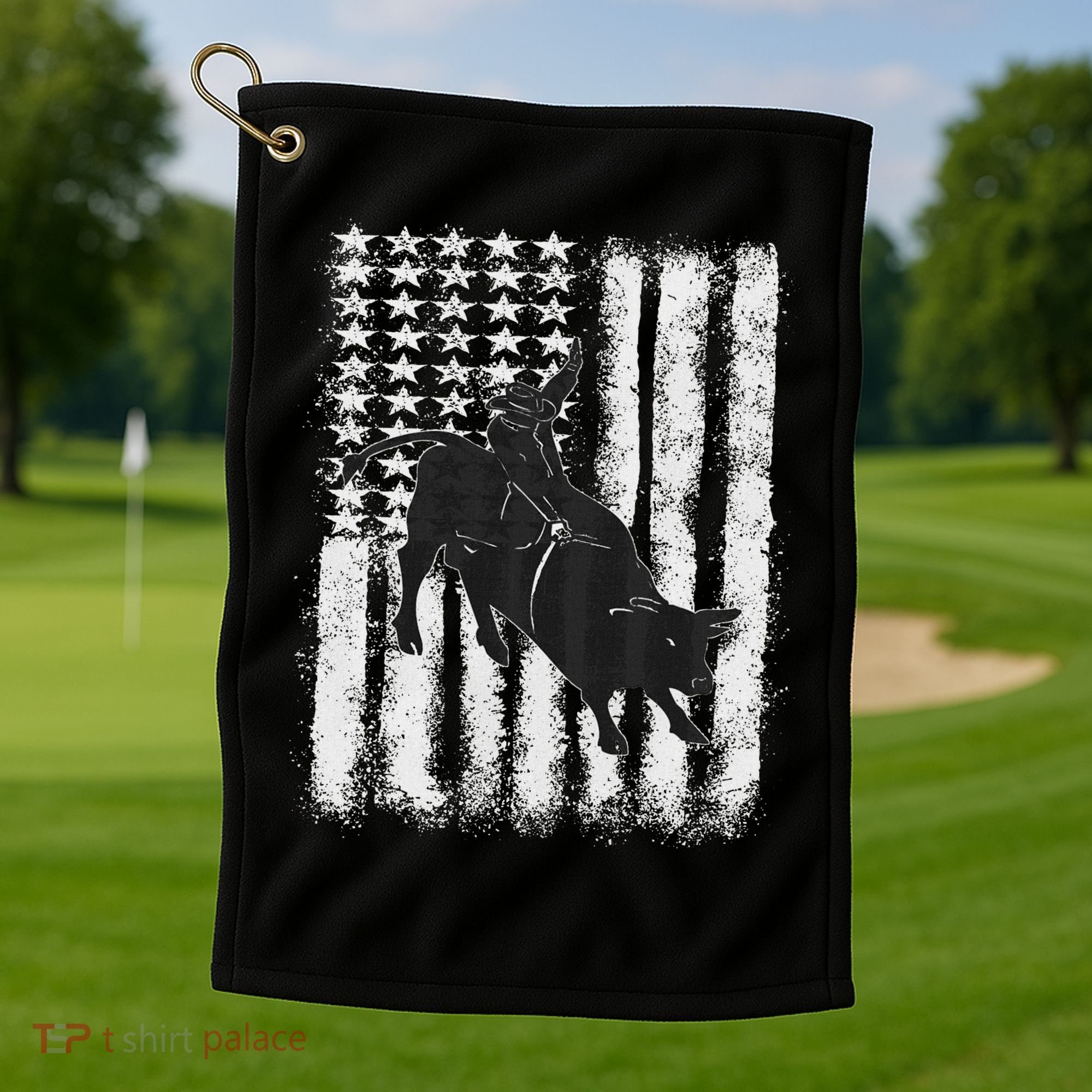 Rodeo Bull Riding Distressed Grunge American Flag Keepsake Golf Towel
