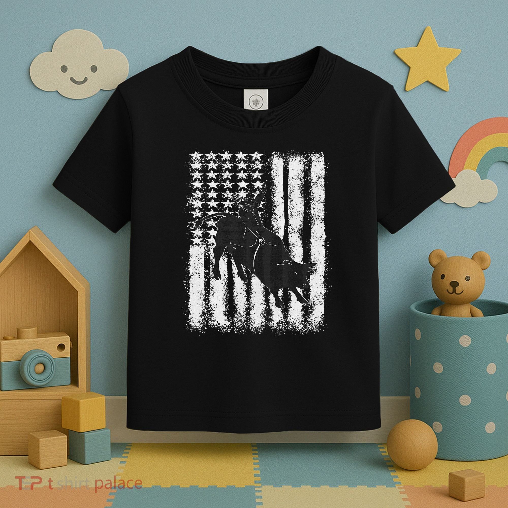 Rodeo Bull Riding Distressed Grunge American Flag Keepsake Toddler T-Shirt