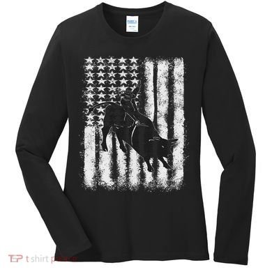 Rodeo Bull Riding Distressed Grunge American Flag Keepsake Women's Long Sleeve Shirt