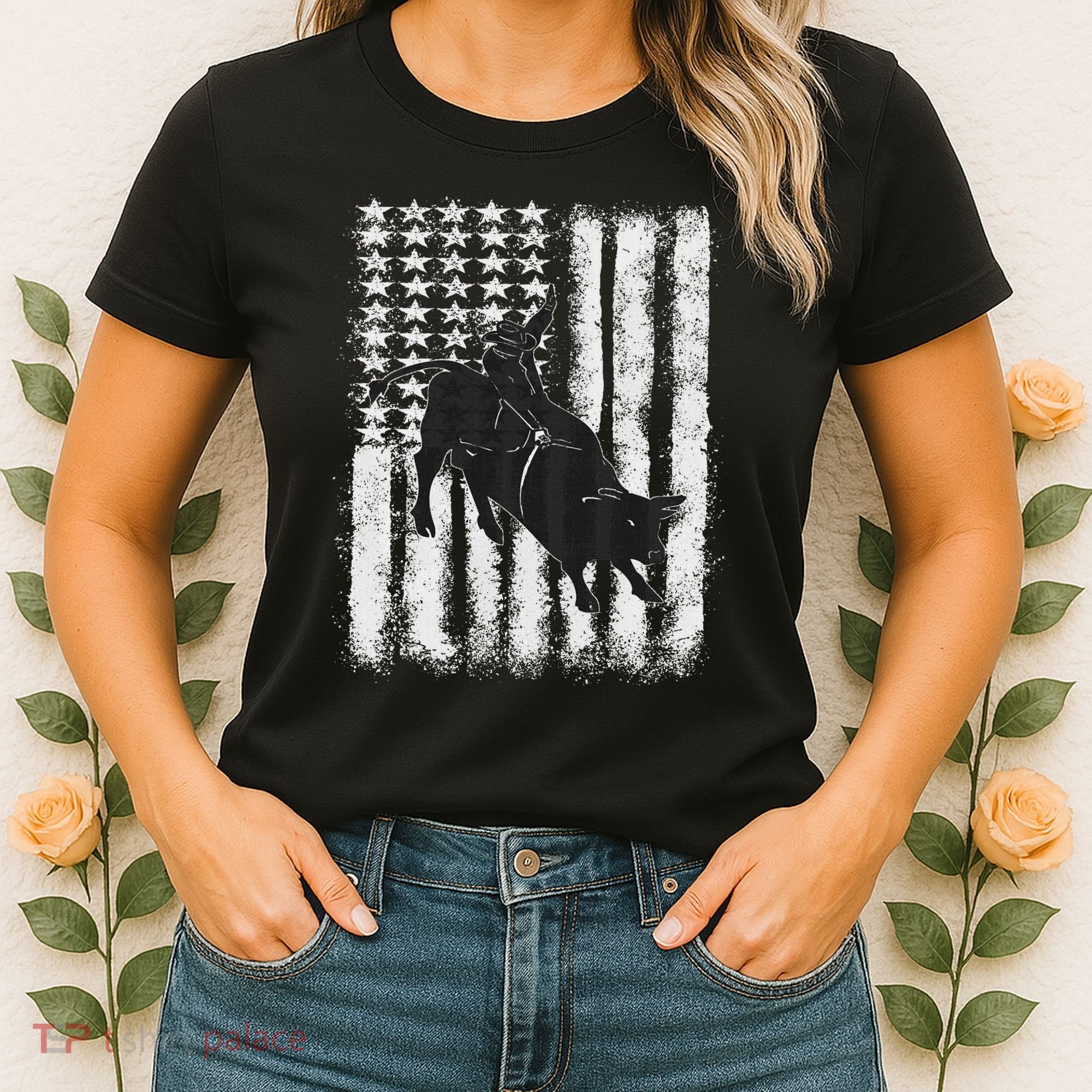 Rodeo Bull Riding Distressed Grunge American Flag Keepsake Women's T-Shirt