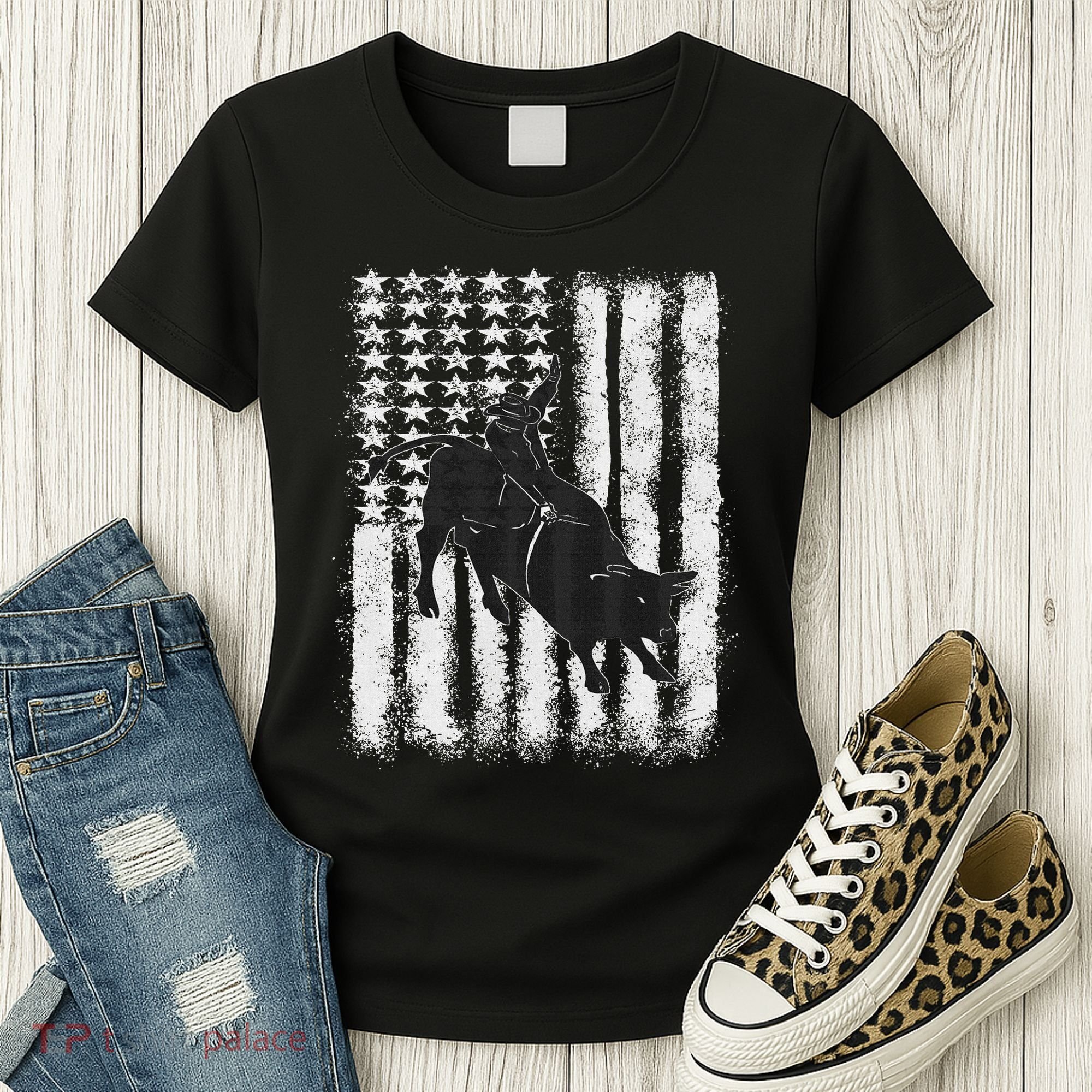 Rodeo Bull Riding Distressed Grunge American Flag Keepsake Women's T-Shirt