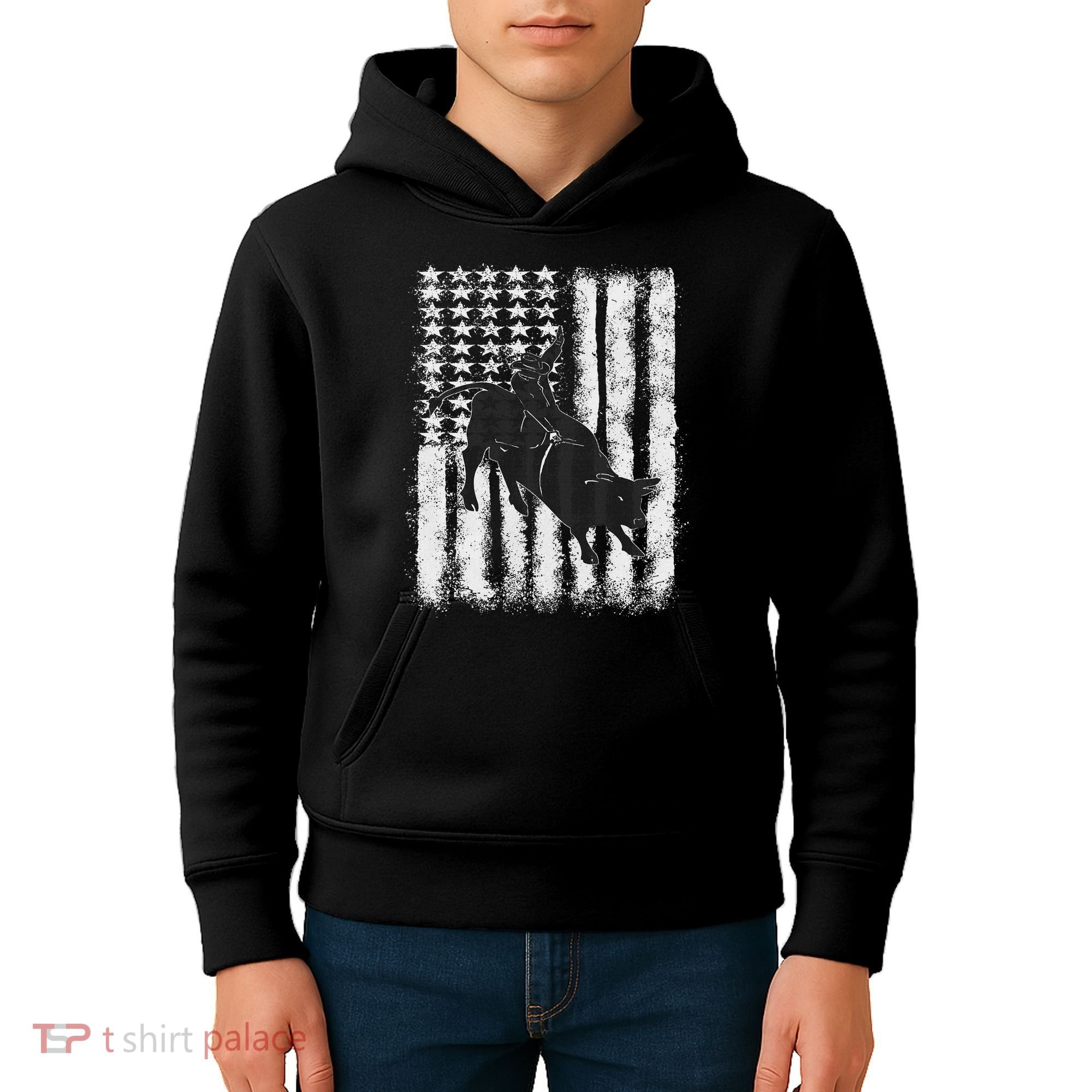 Rodeo Bull Riding Distressed Grunge American Flag Keepsake Kids Hoodie