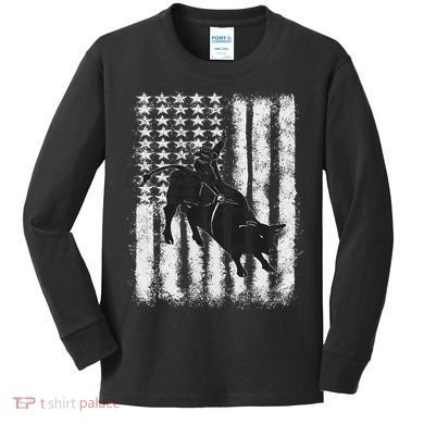 Rodeo Bull Riding Distressed Grunge American Flag Keepsake Kids Long Sleeve Shirt