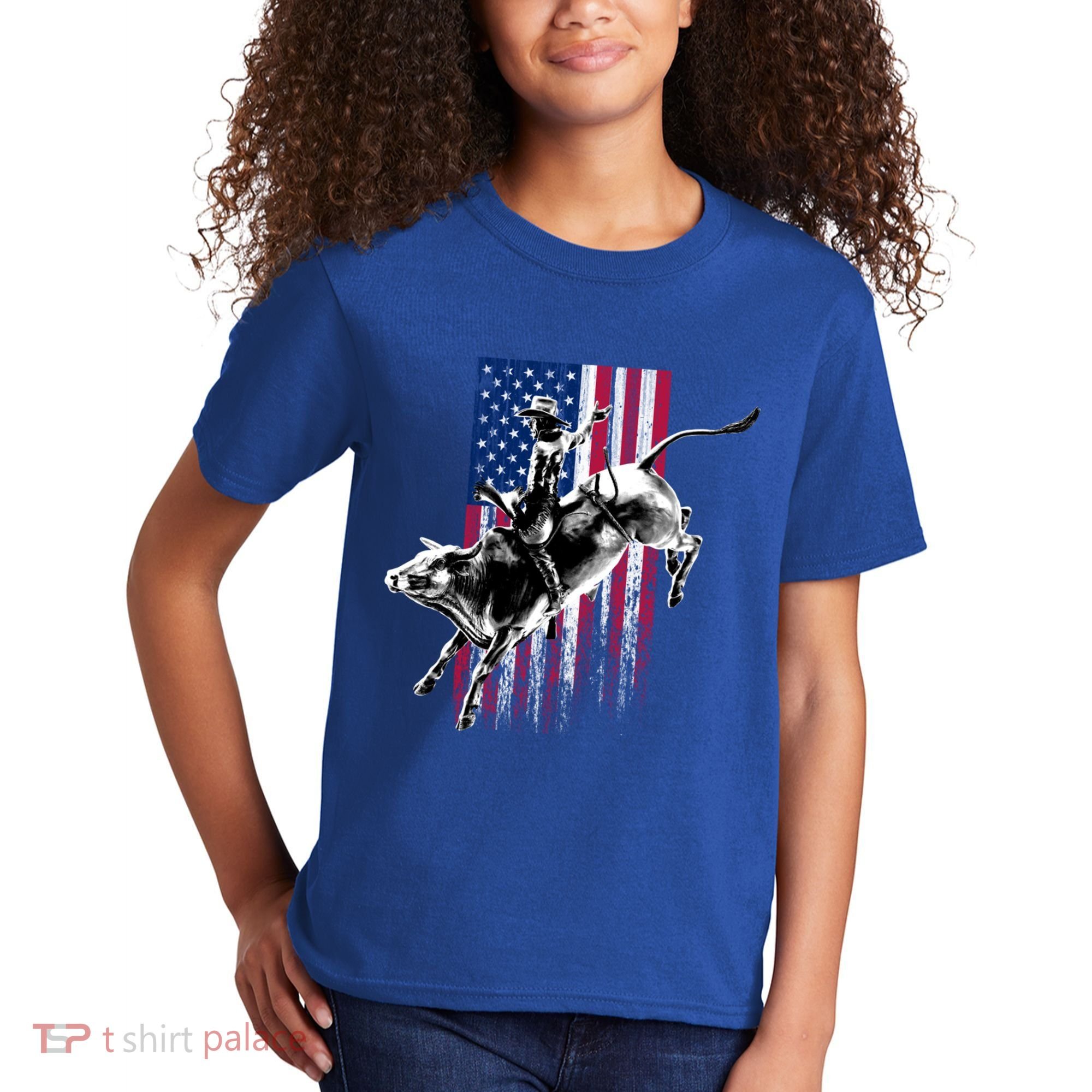 Rodeo Bull Rider Patriotic American Flag Gift For Cow Gift Kids T-Shirt