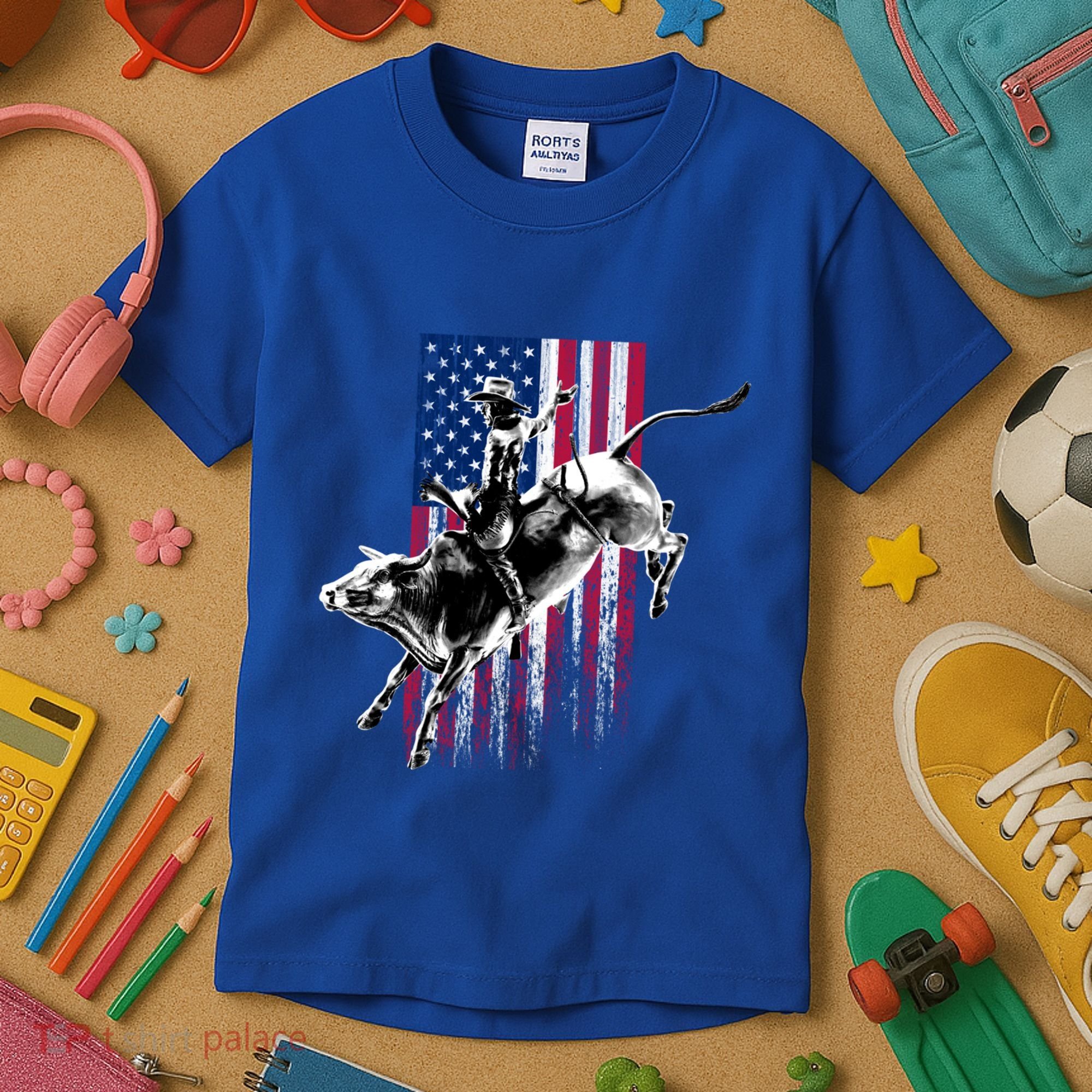 Rodeo Bull Rider Patriotic American Flag Gift For Cow Gift Kids T-Shirt