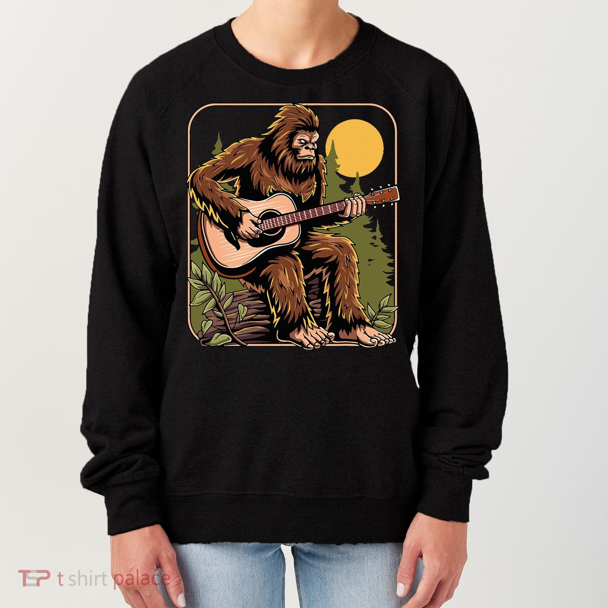 Retro Bigfoot Sasquatch Playing Acoustic Guitar Guitarist Women's Sweatshirt