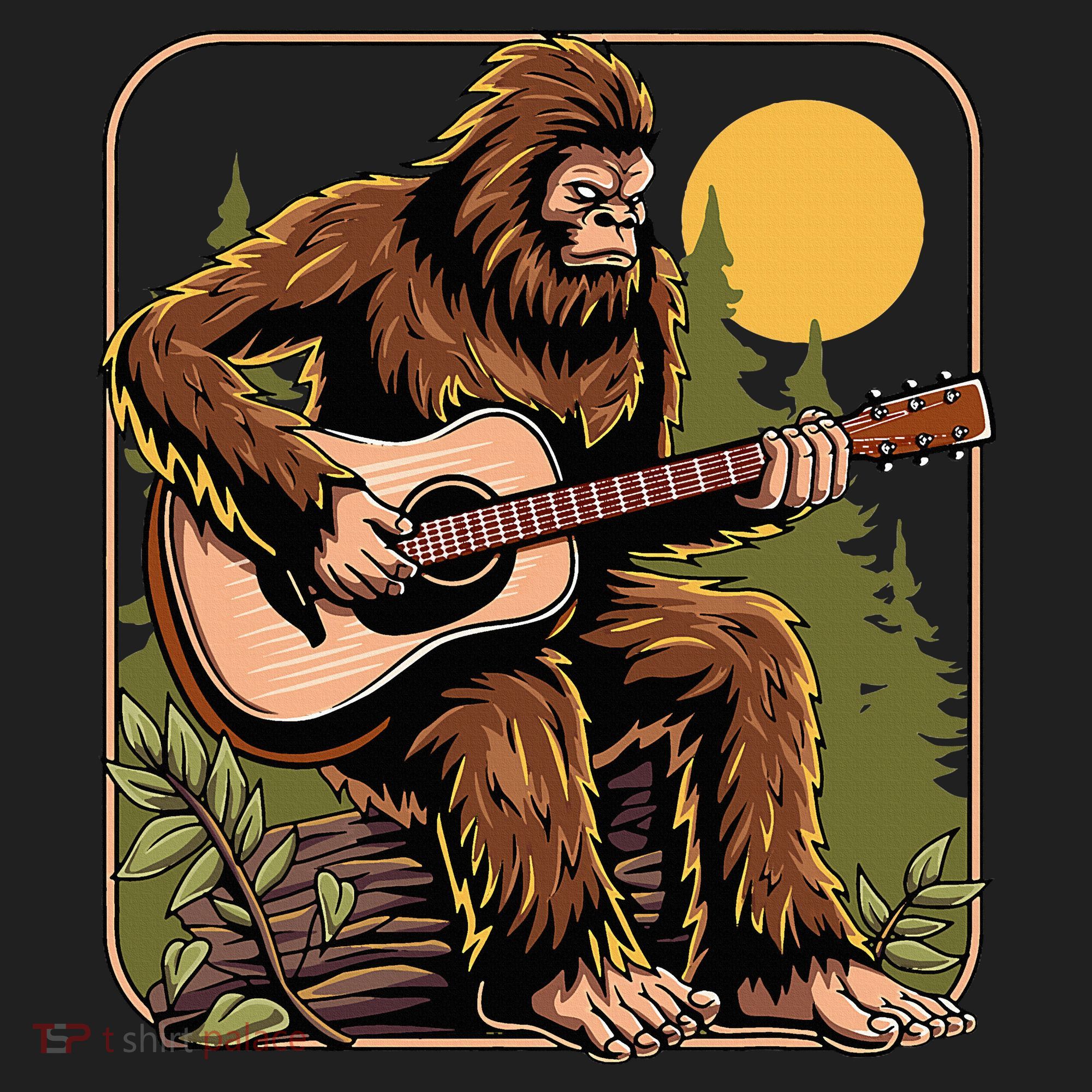 Retro Bigfoot Sasquatch Playing Acoustic Guitar Guitarist Five-Panel Snapback Cap