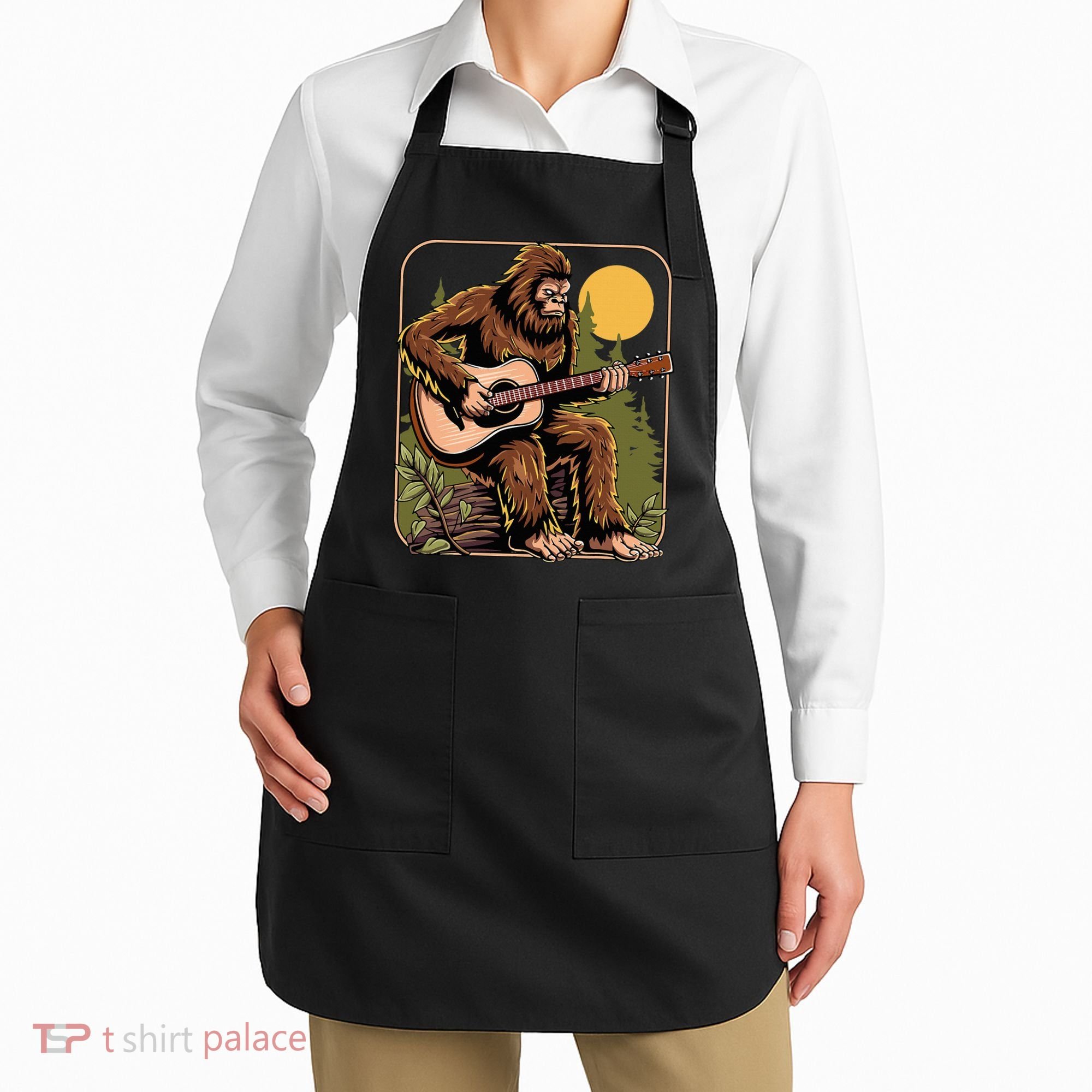 Retro Bigfoot Sasquatch Playing Acoustic Guitar Guitarist Apron