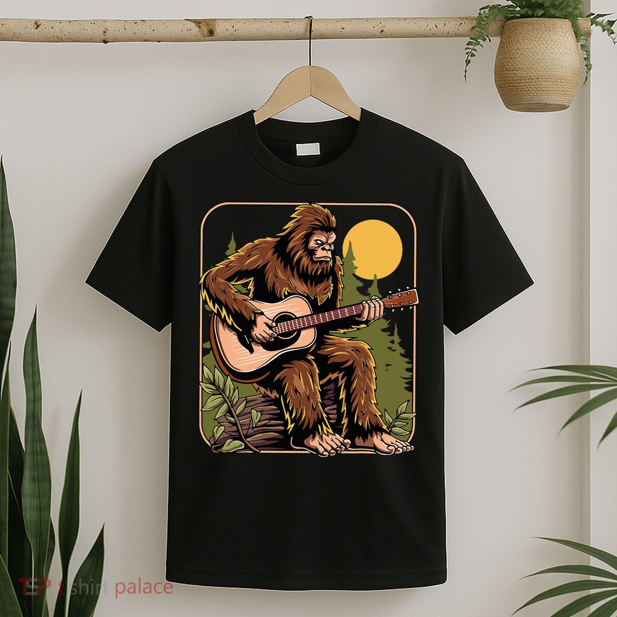 Retro Bigfoot Sasquatch Playing Acoustic Guitar Guitarist T-Shirt