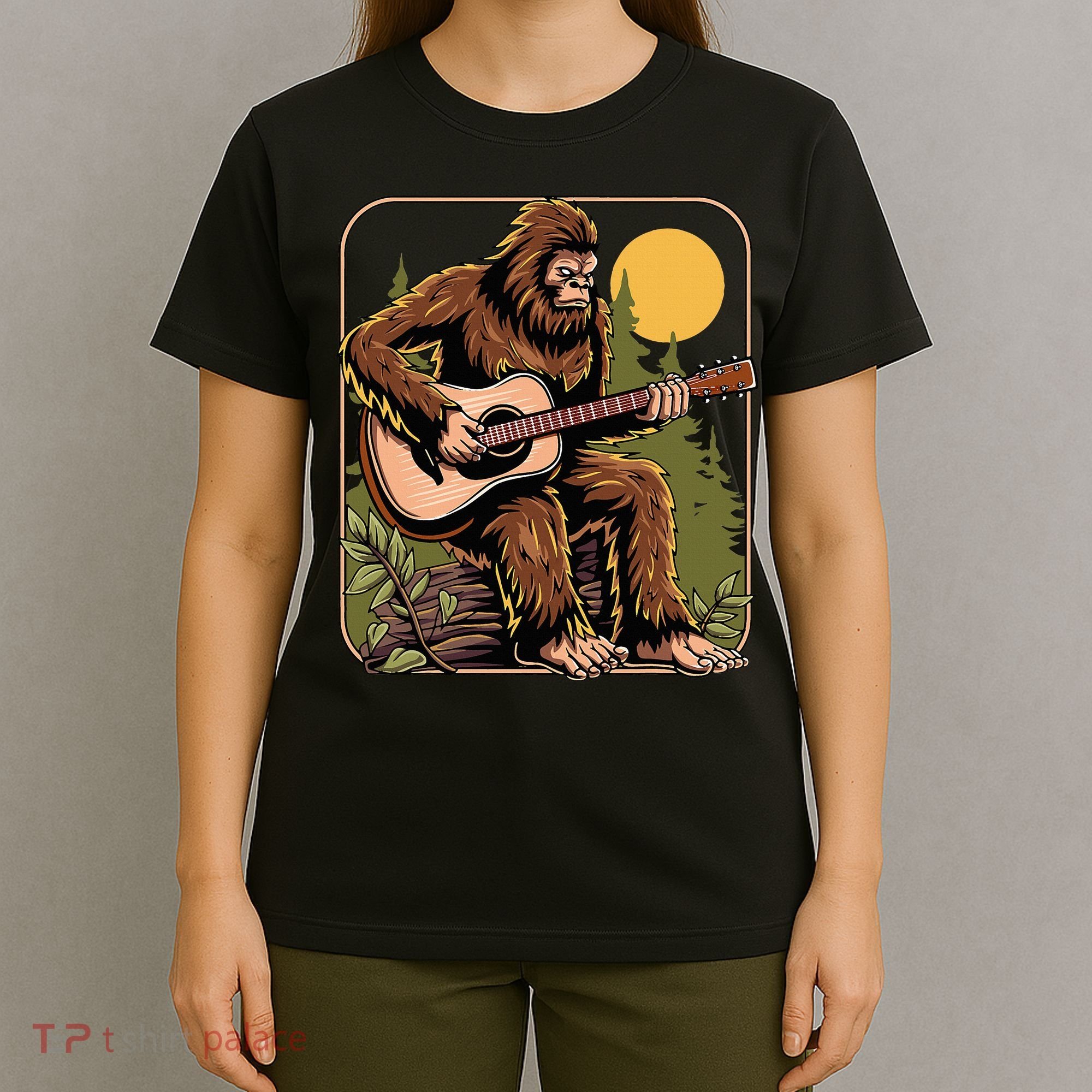 Retro Bigfoot Sasquatch Playing Acoustic Guitar Guitarist T-Shirt