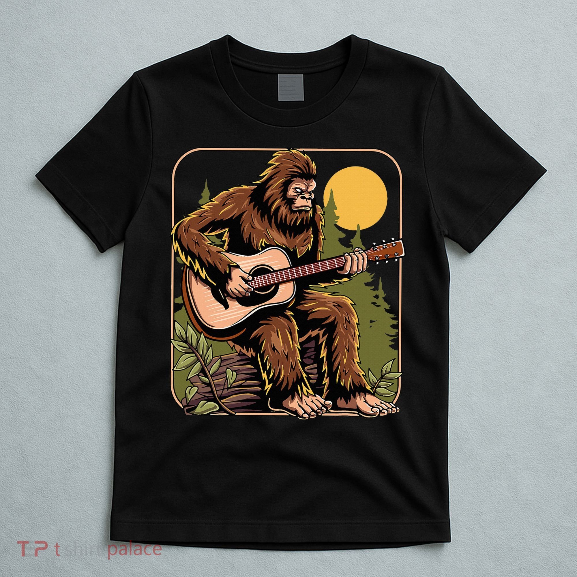 Retro Bigfoot Sasquatch Playing Acoustic Guitar Guitarist T-Shirt