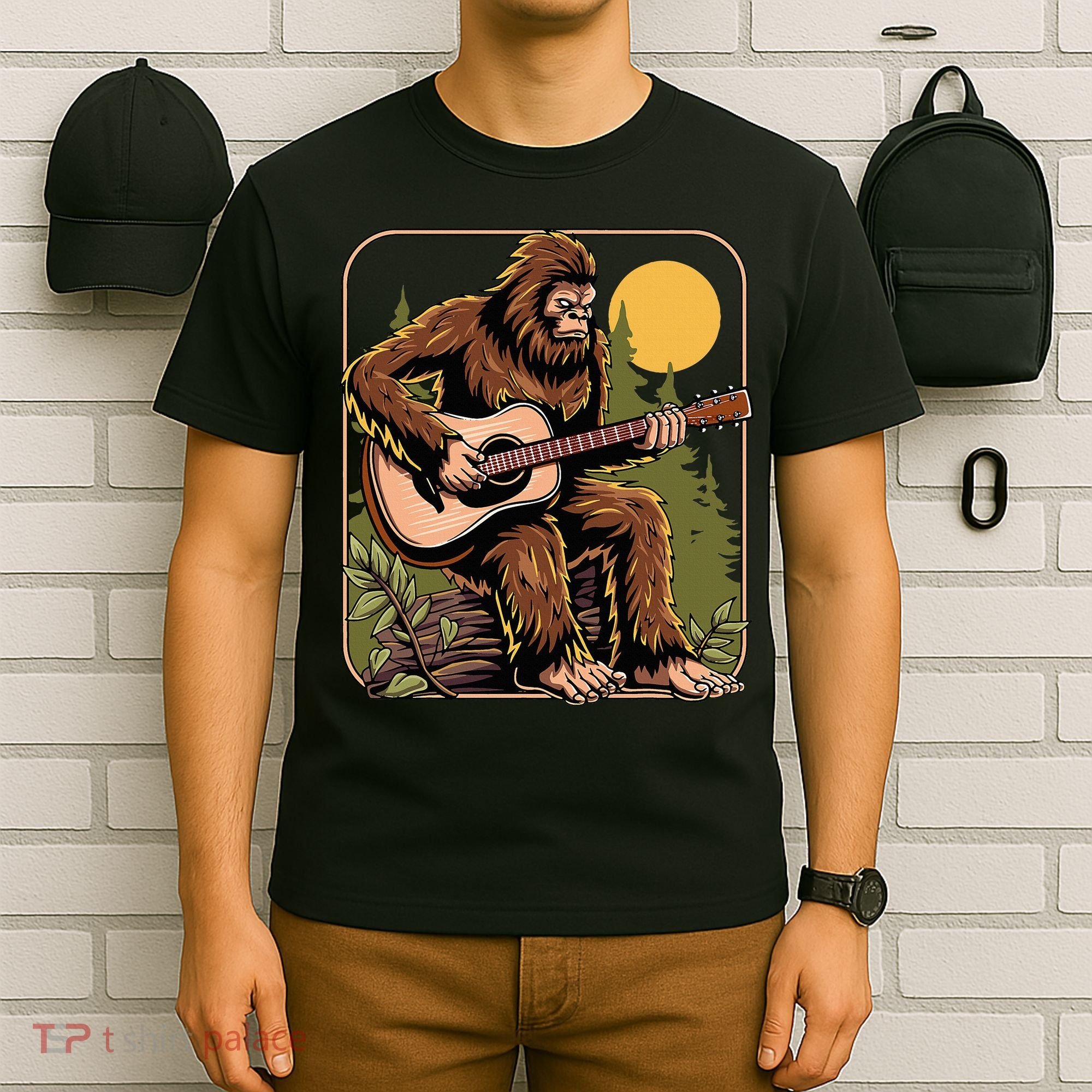 Retro Bigfoot Sasquatch Playing Acoustic Guitar Guitarist T-Shirt