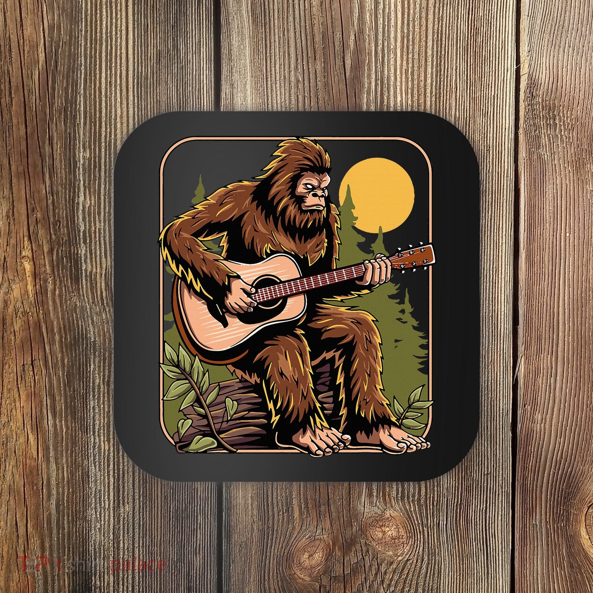 Retro Bigfoot Sasquatch Playing Acoustic Guitar Guitarist Coaster