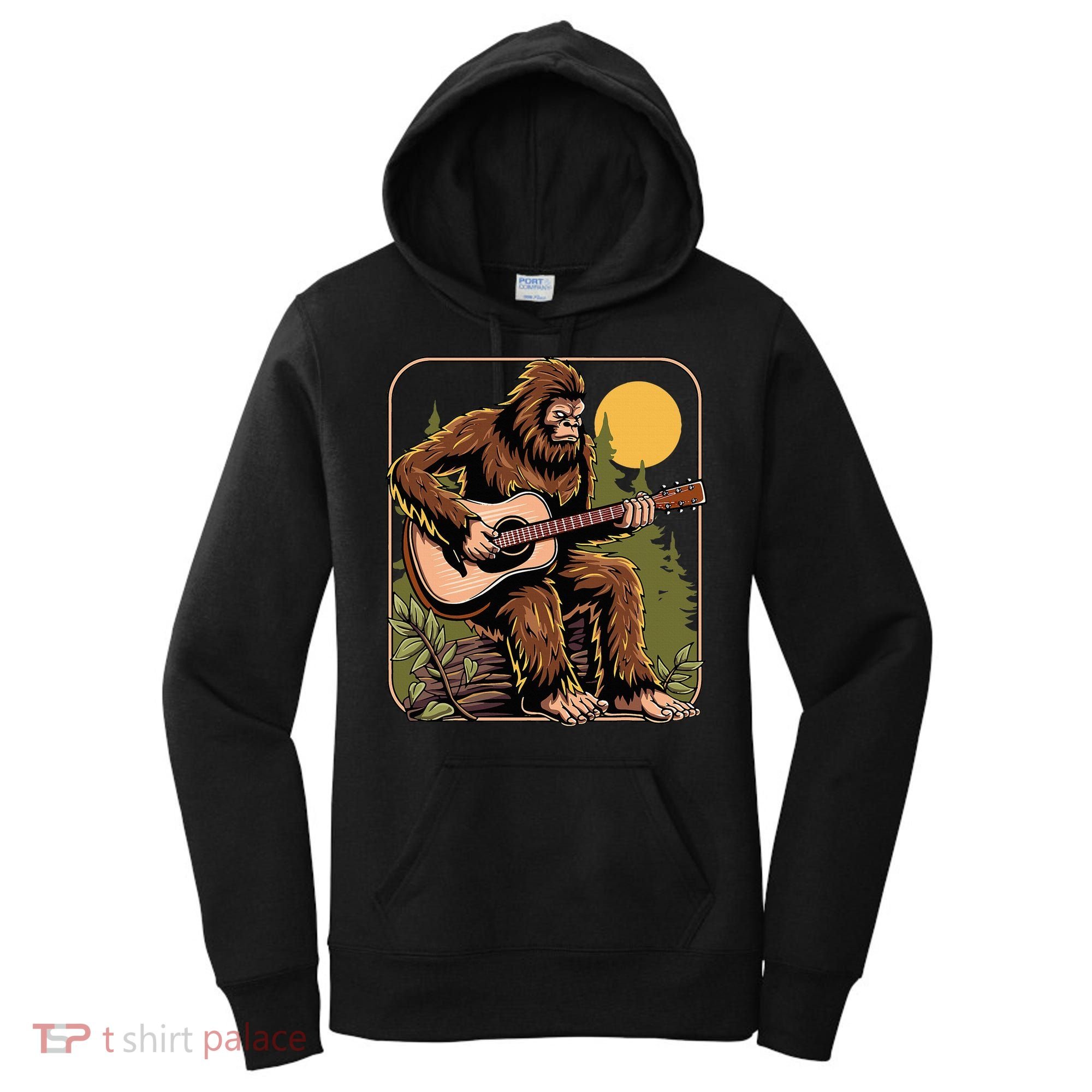 Retro Bigfoot Sasquatch Playing Acoustic Guitar Guitarist Women's Hoodie