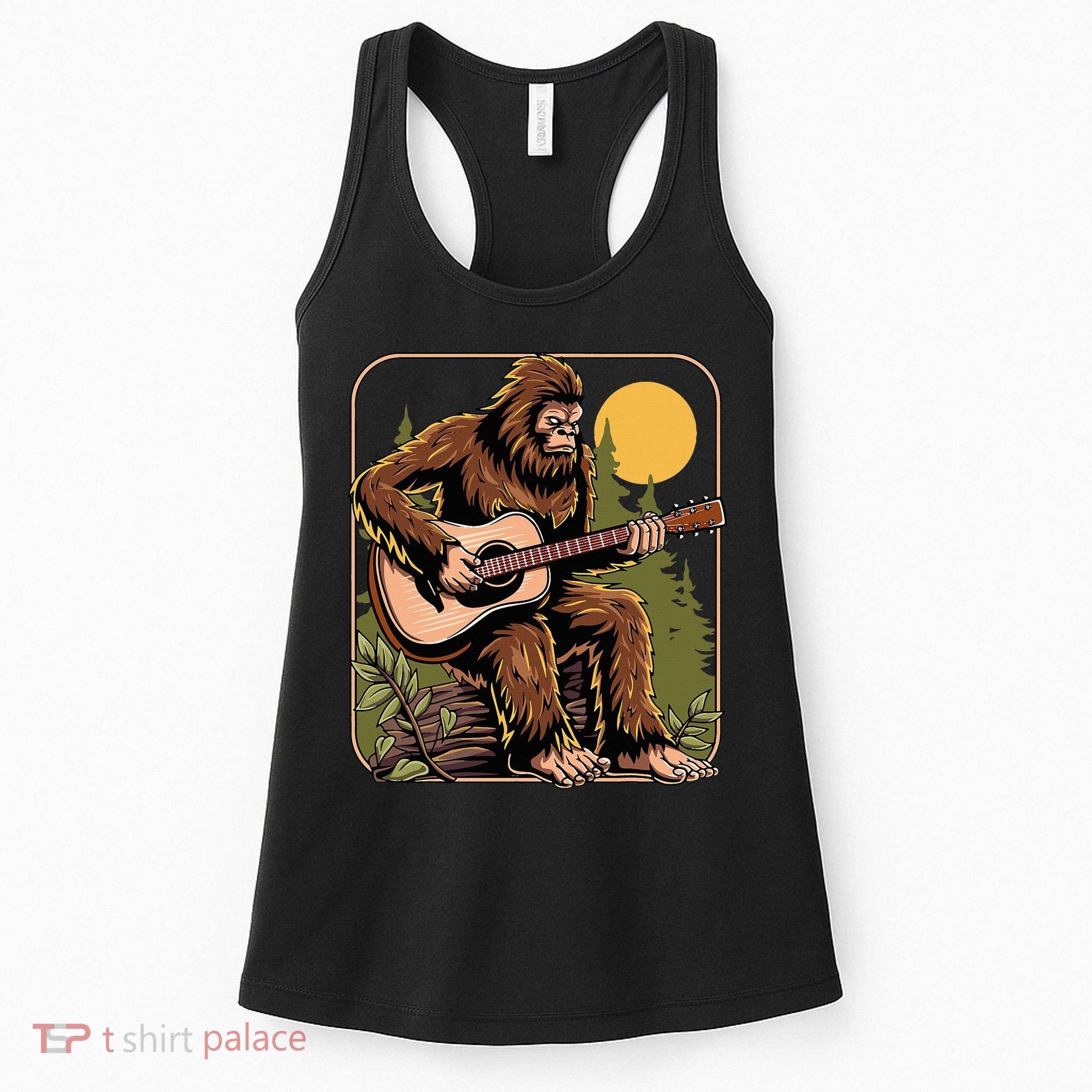 Retro Bigfoot Sasquatch Playing Acoustic Guitar Guitarist Women's Tank Top