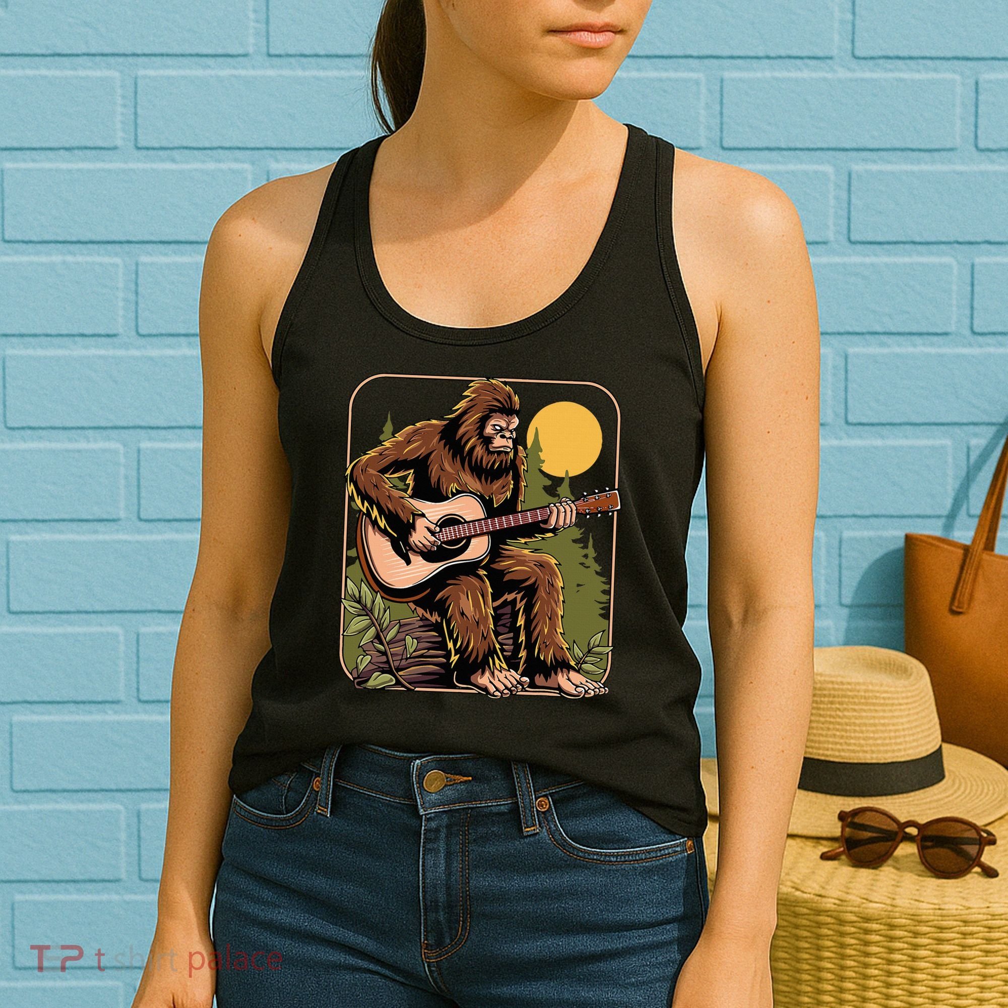 Retro Bigfoot Sasquatch Playing Acoustic Guitar Guitarist Women's Tank Top