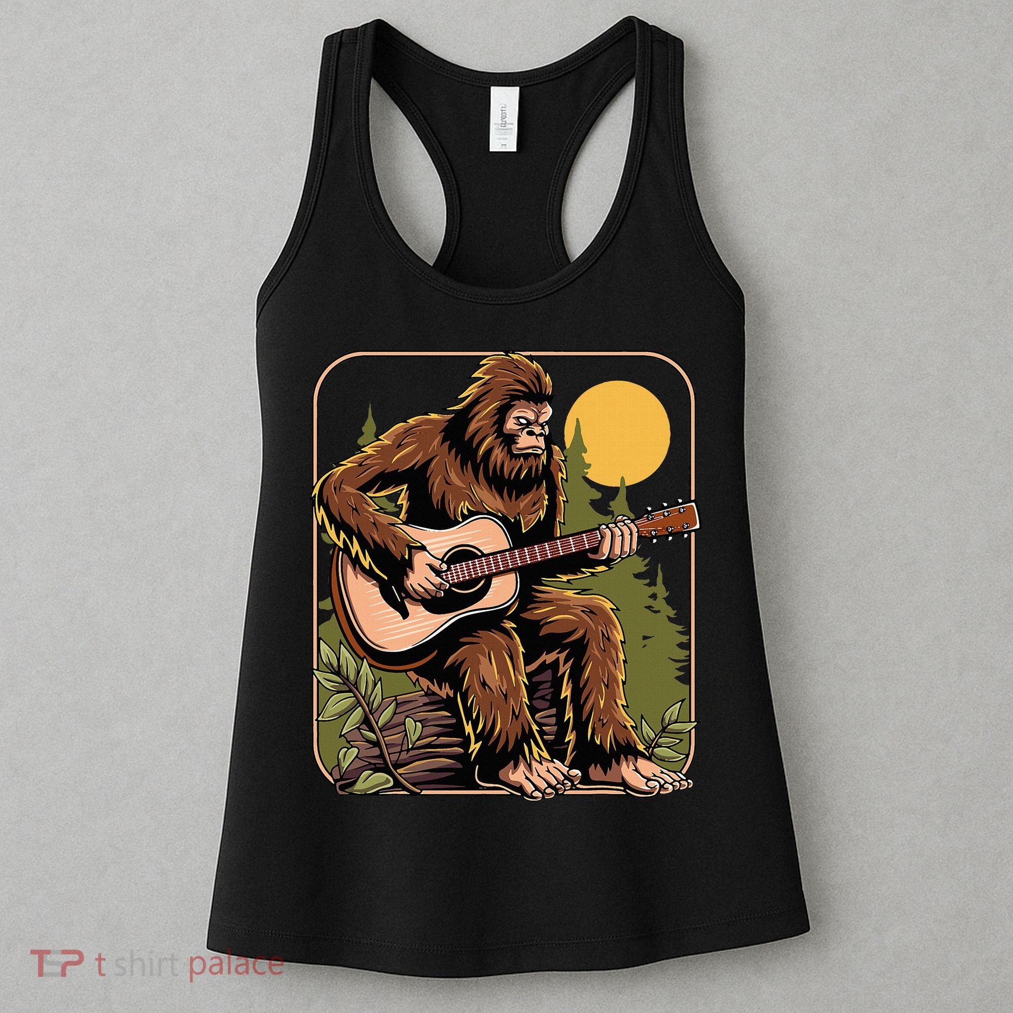 Retro Bigfoot Sasquatch Playing Acoustic Guitar Guitarist Women's Tank Top