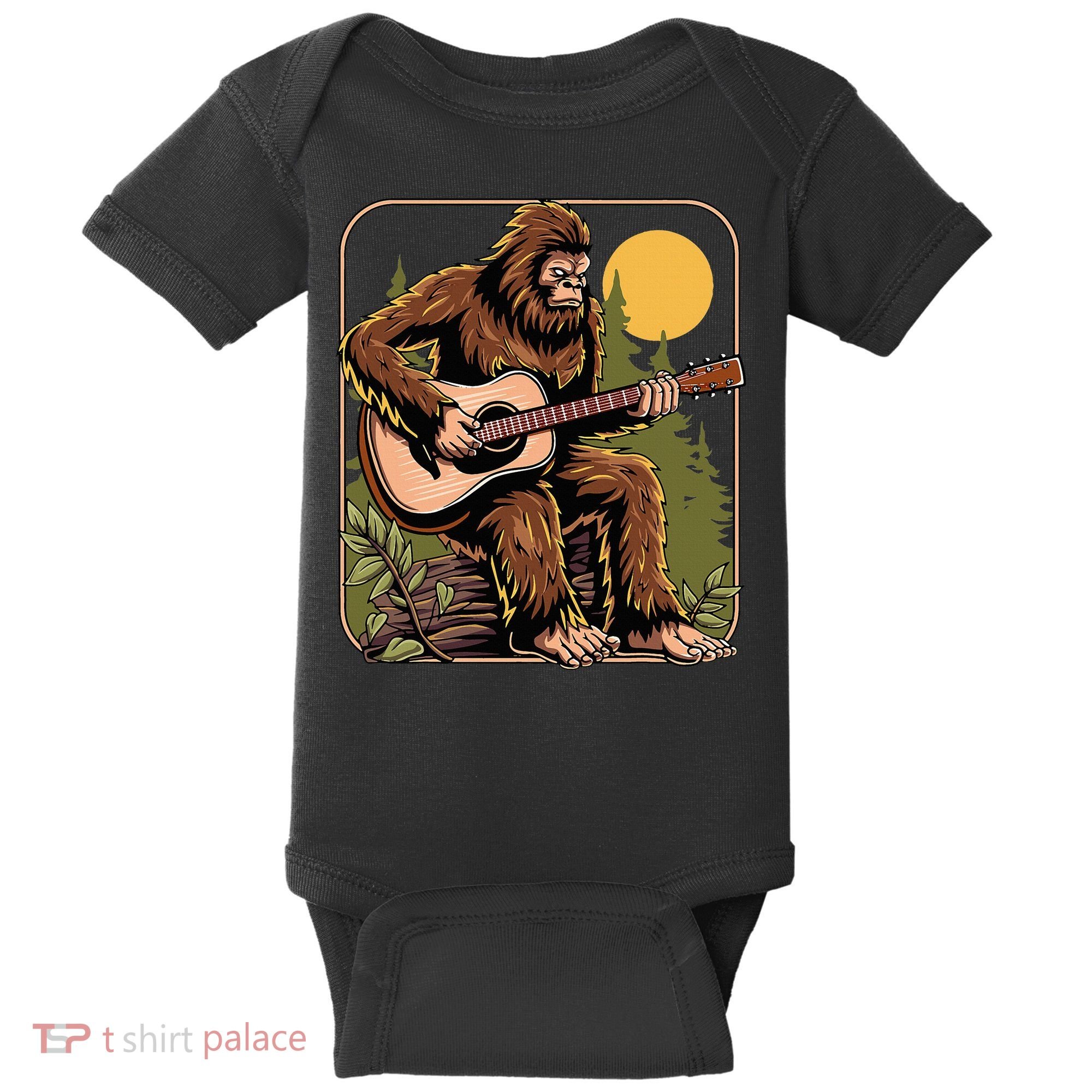 Retro Bigfoot Sasquatch Playing Acoustic Guitar Guitarist Baby Bodysuit