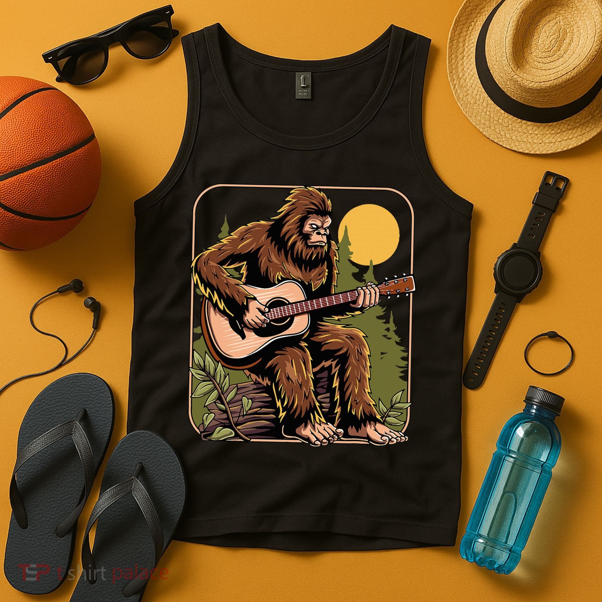 Retro Bigfoot Sasquatch Playing Acoustic Guitar Guitarist Tank Top
