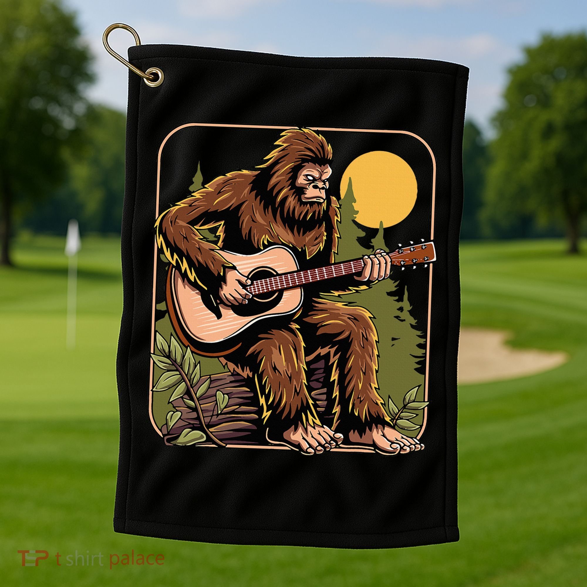 Retro Bigfoot Sasquatch Playing Acoustic Guitar Guitarist Golf Towel