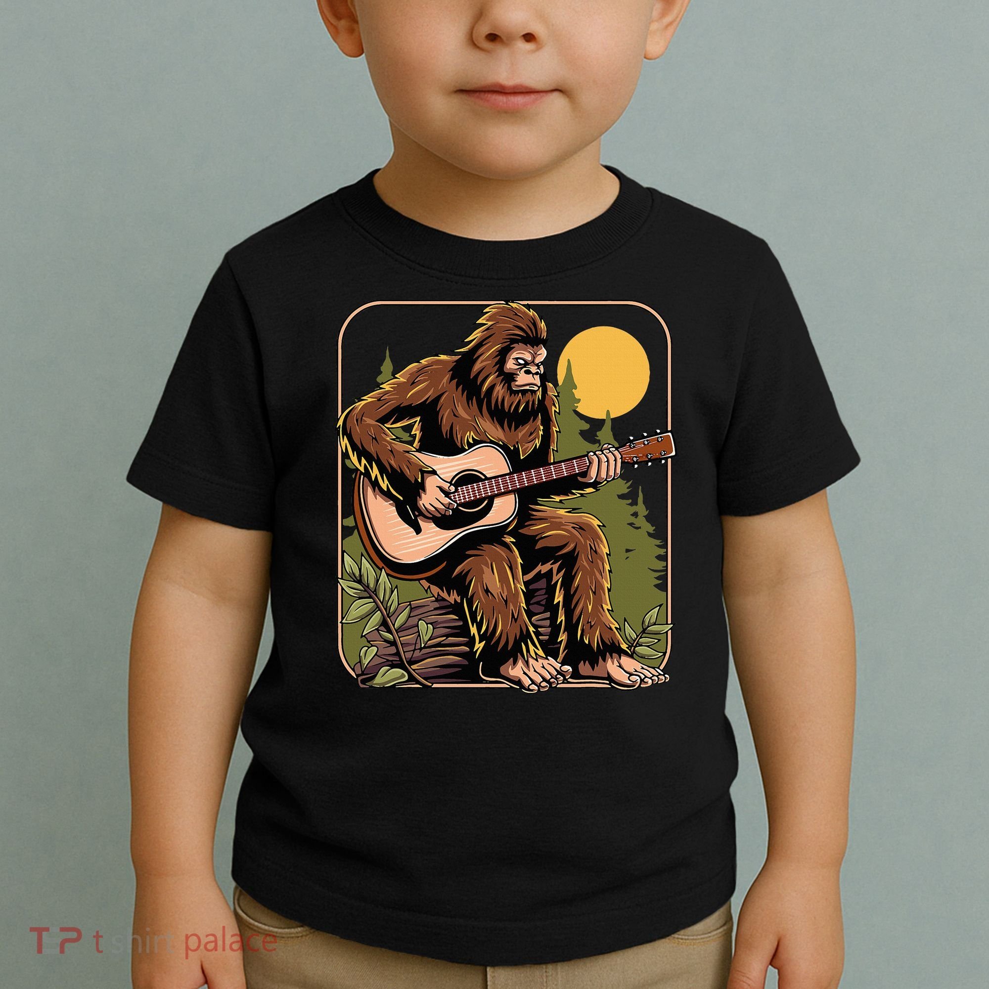 Retro Bigfoot Sasquatch Playing Acoustic Guitar Guitarist Toddler T-Shirt