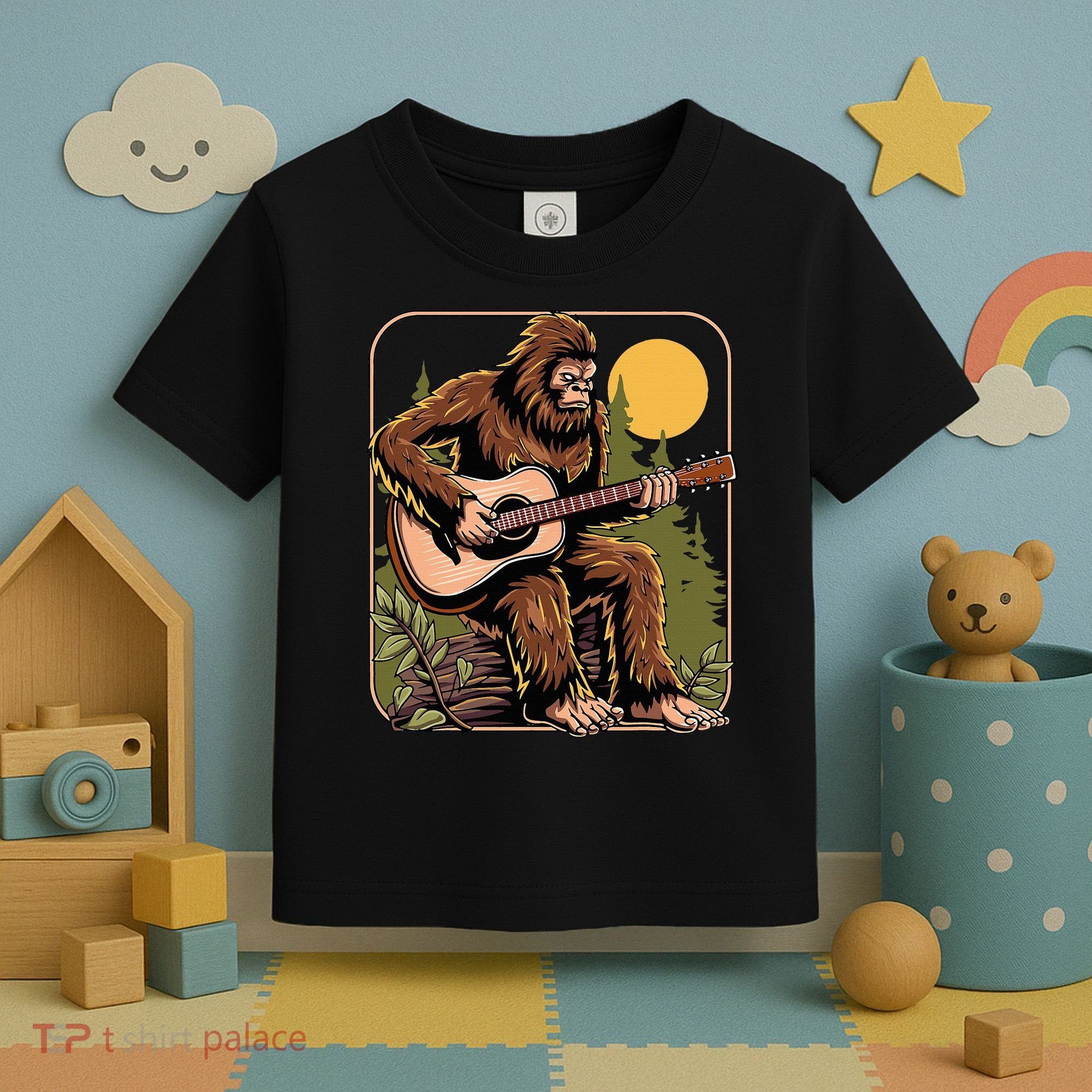 Retro Bigfoot Sasquatch Playing Acoustic Guitar Guitarist Toddler T-Shirt