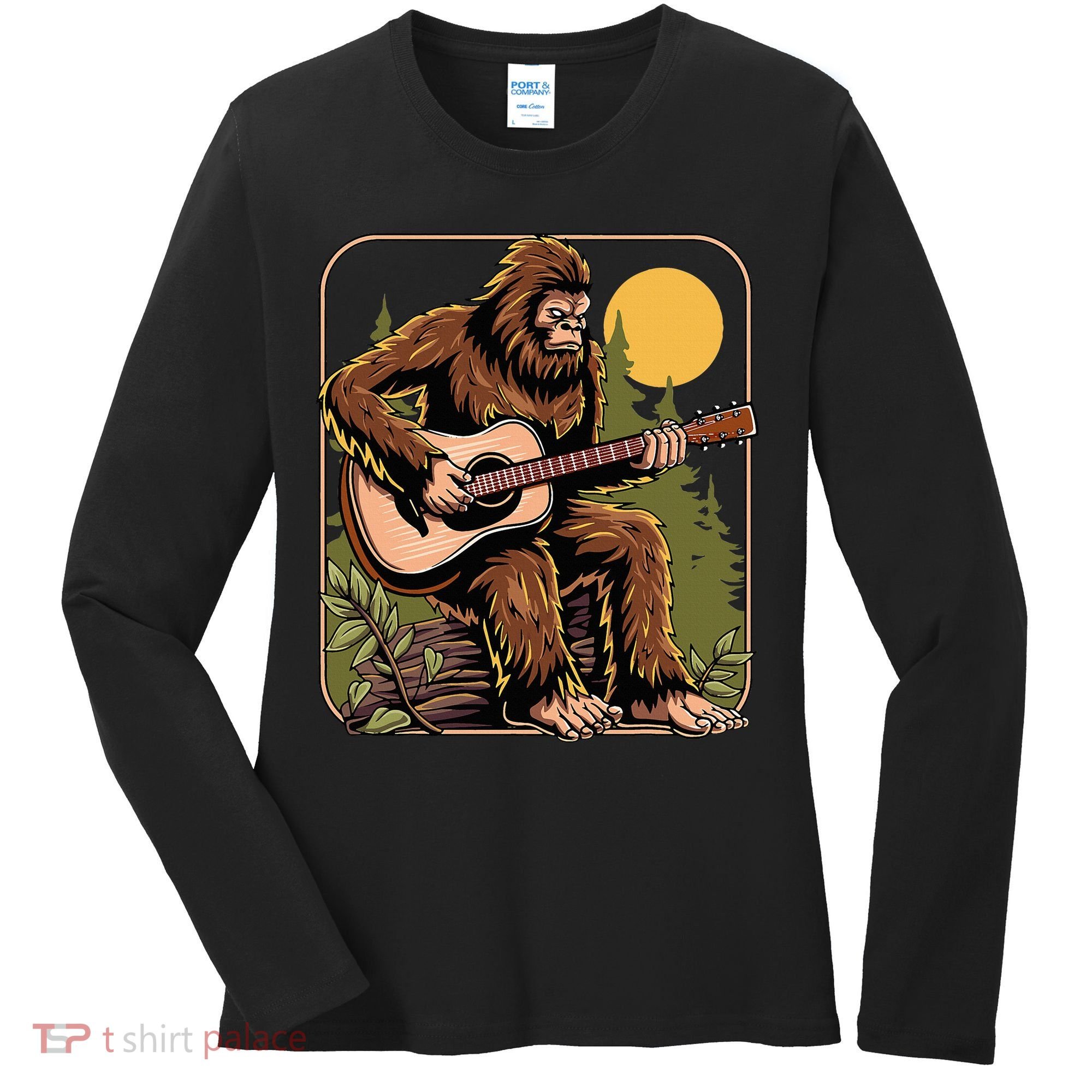 Retro Bigfoot Sasquatch Playing Acoustic Guitar Guitarist Women's Long Sleeve Shirt