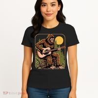Retro Bigfoot Sasquatch Playing Acoustic Guitar Guitarist Women's T-Shirt thumb 4