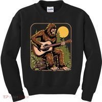 Retro Bigfoot Sasquatch Playing Acoustic Guitar Guitarist Kids Sweatshirt thumb 0