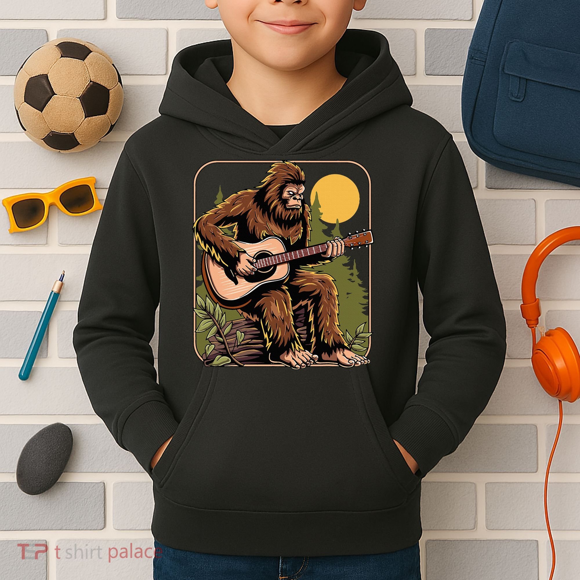 Retro Bigfoot Sasquatch Playing Acoustic Guitar Guitarist Kids Hoodie