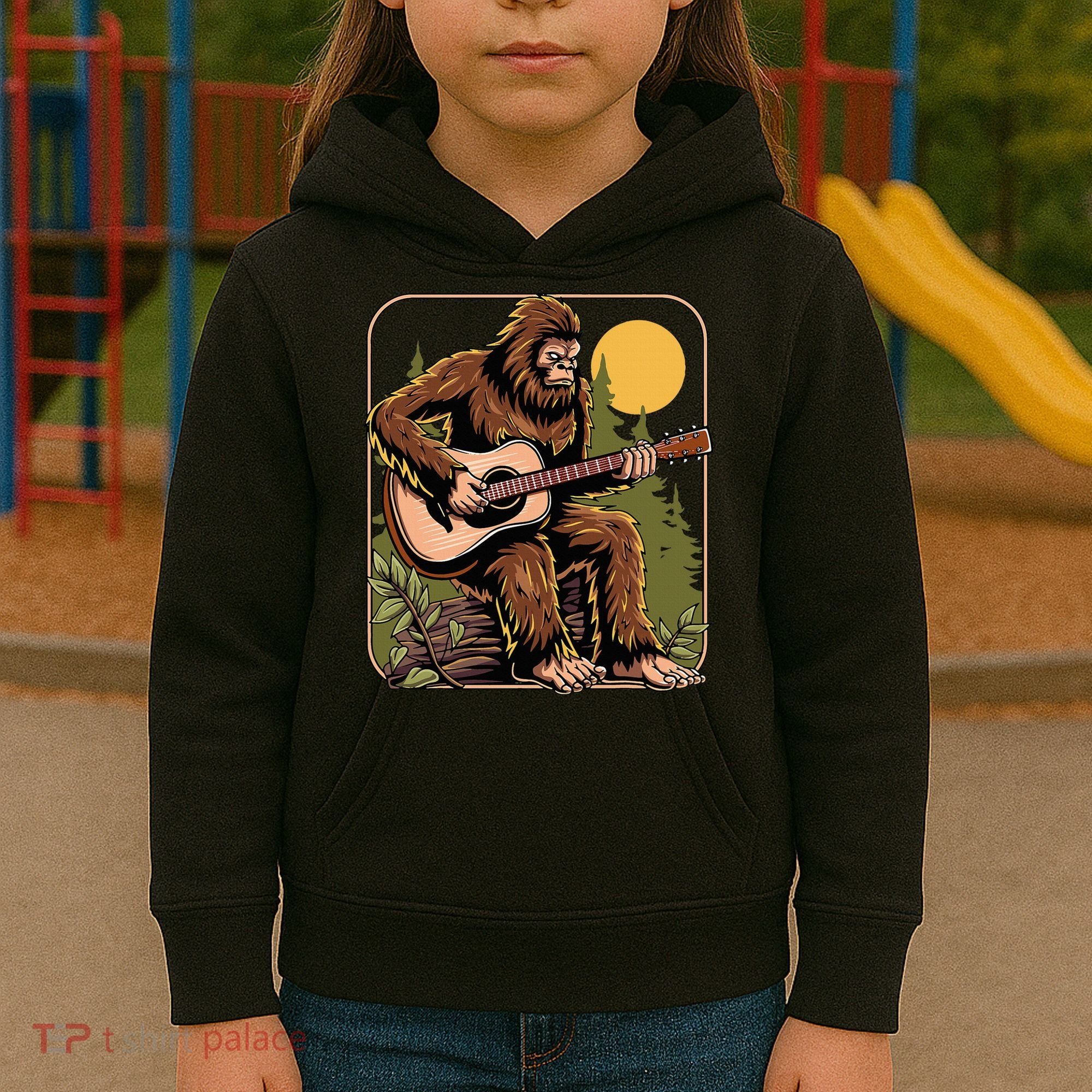Retro Bigfoot Sasquatch Playing Acoustic Guitar Guitarist Kids Hoodie