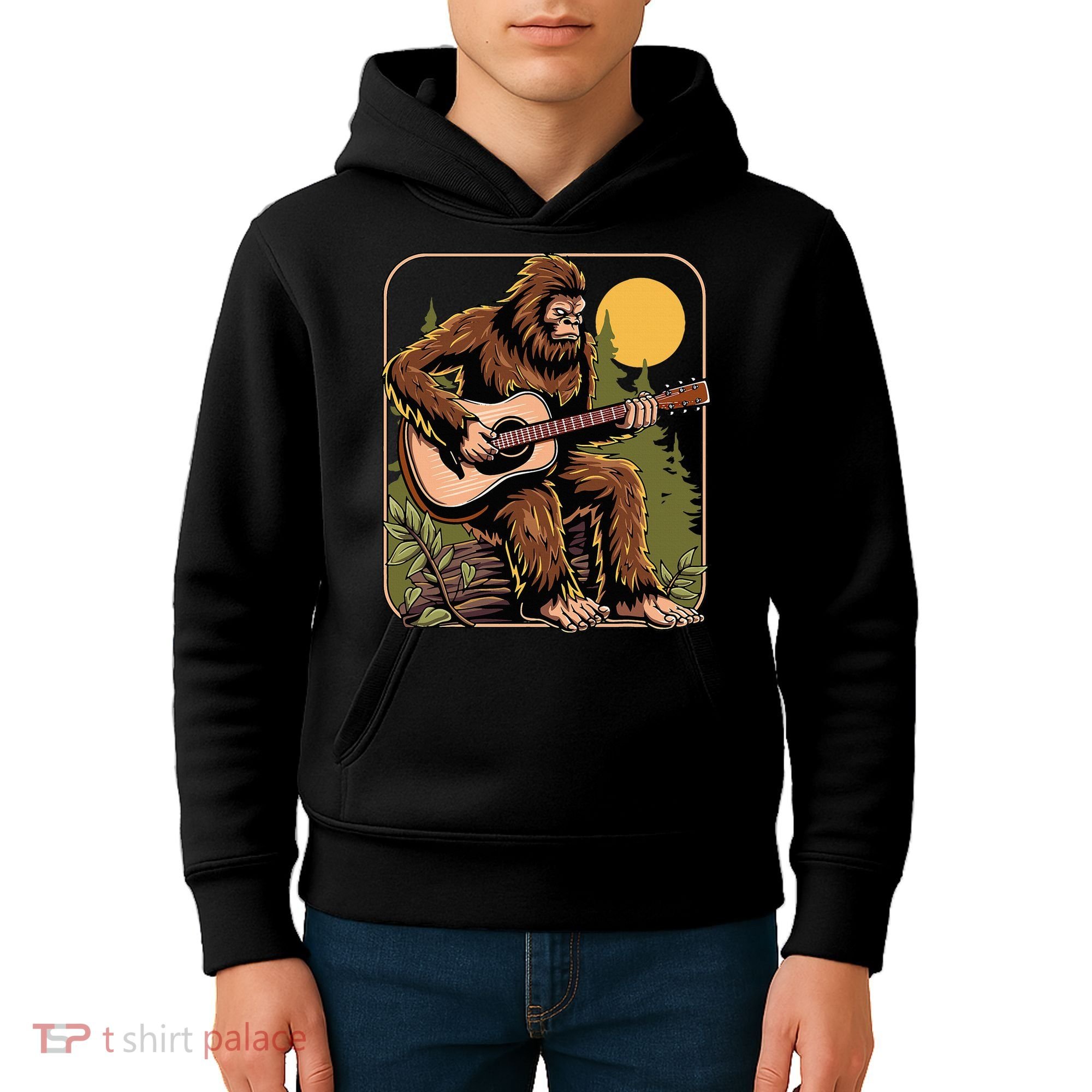Retro Bigfoot Sasquatch Playing Acoustic Guitar Guitarist Kids Hoodie