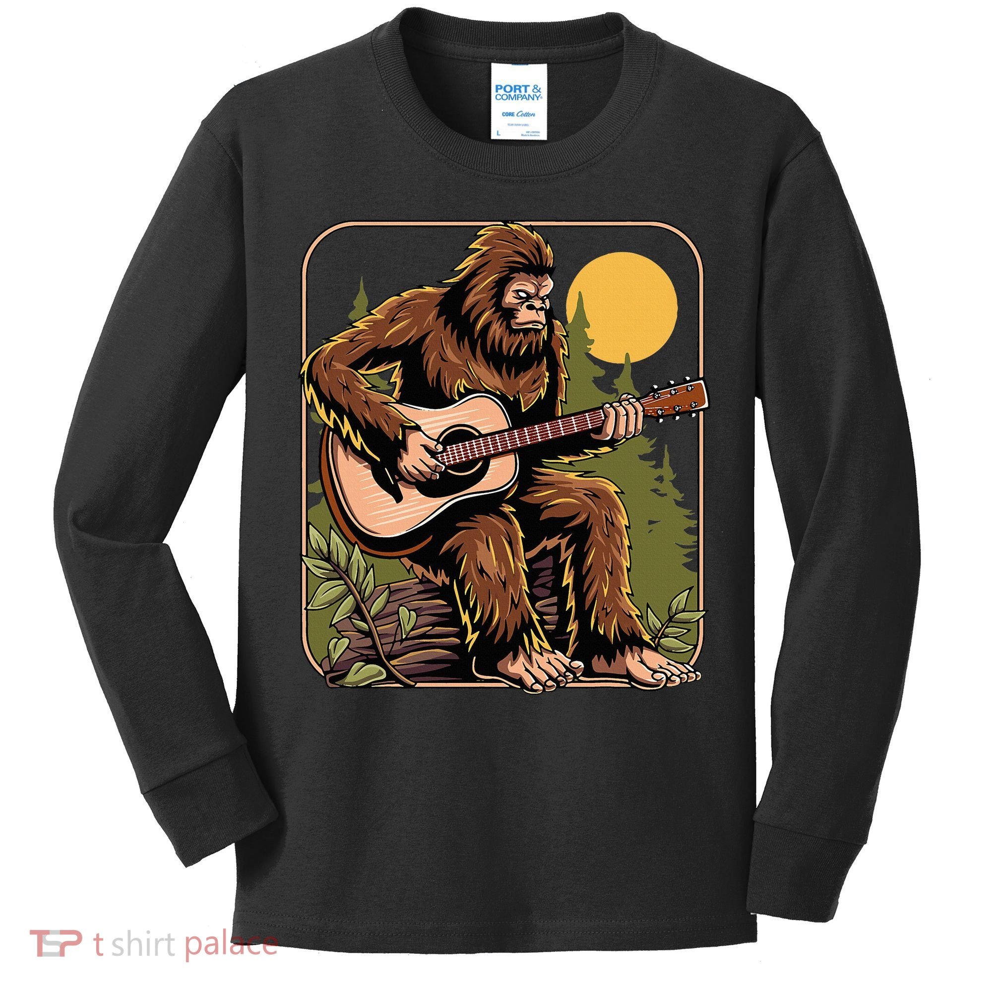 Retro Bigfoot Sasquatch Playing Acoustic Guitar Guitarist Kids Long Sleeve Shirt