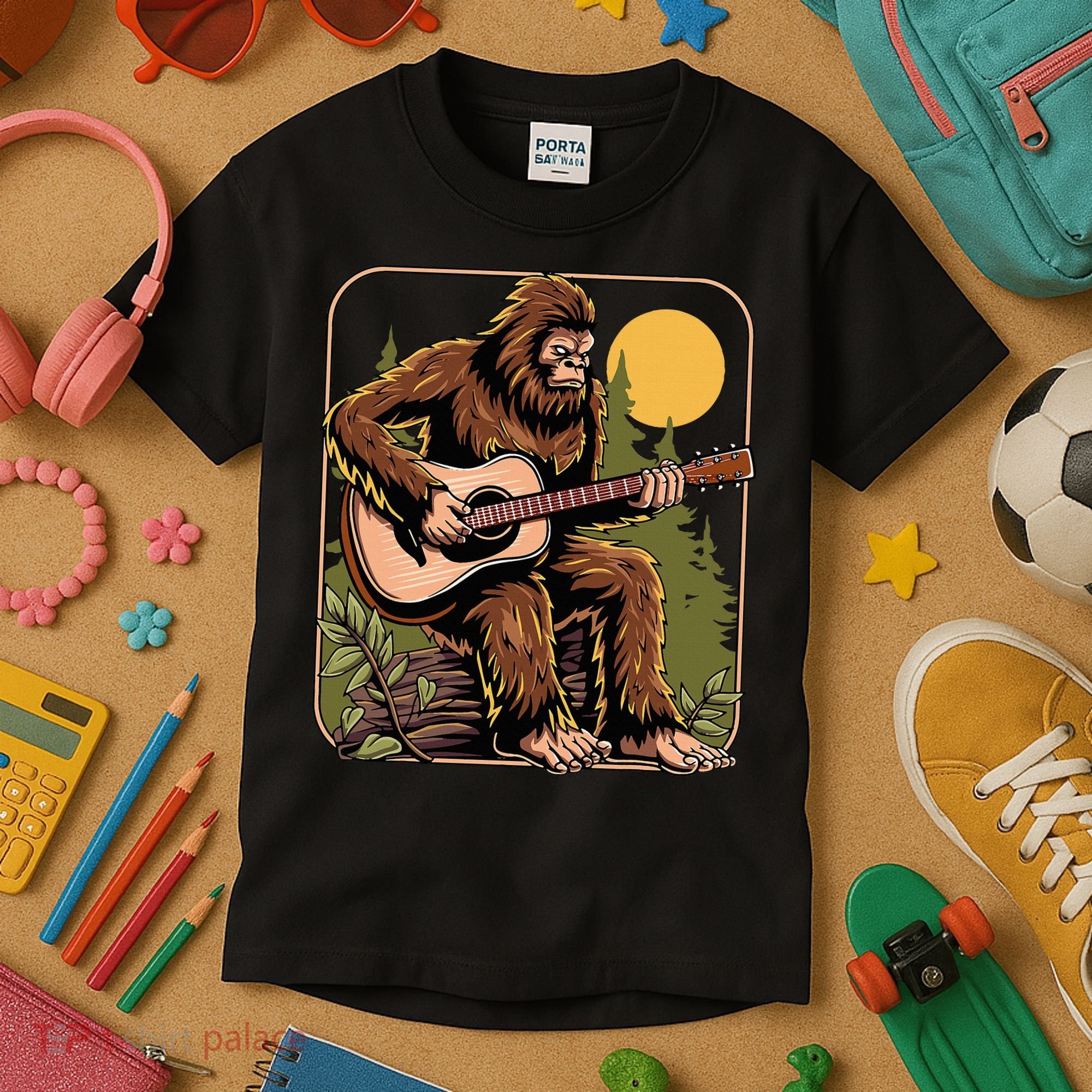 Retro Bigfoot Sasquatch Playing Acoustic Guitar Guitarist Kids T-Shirt