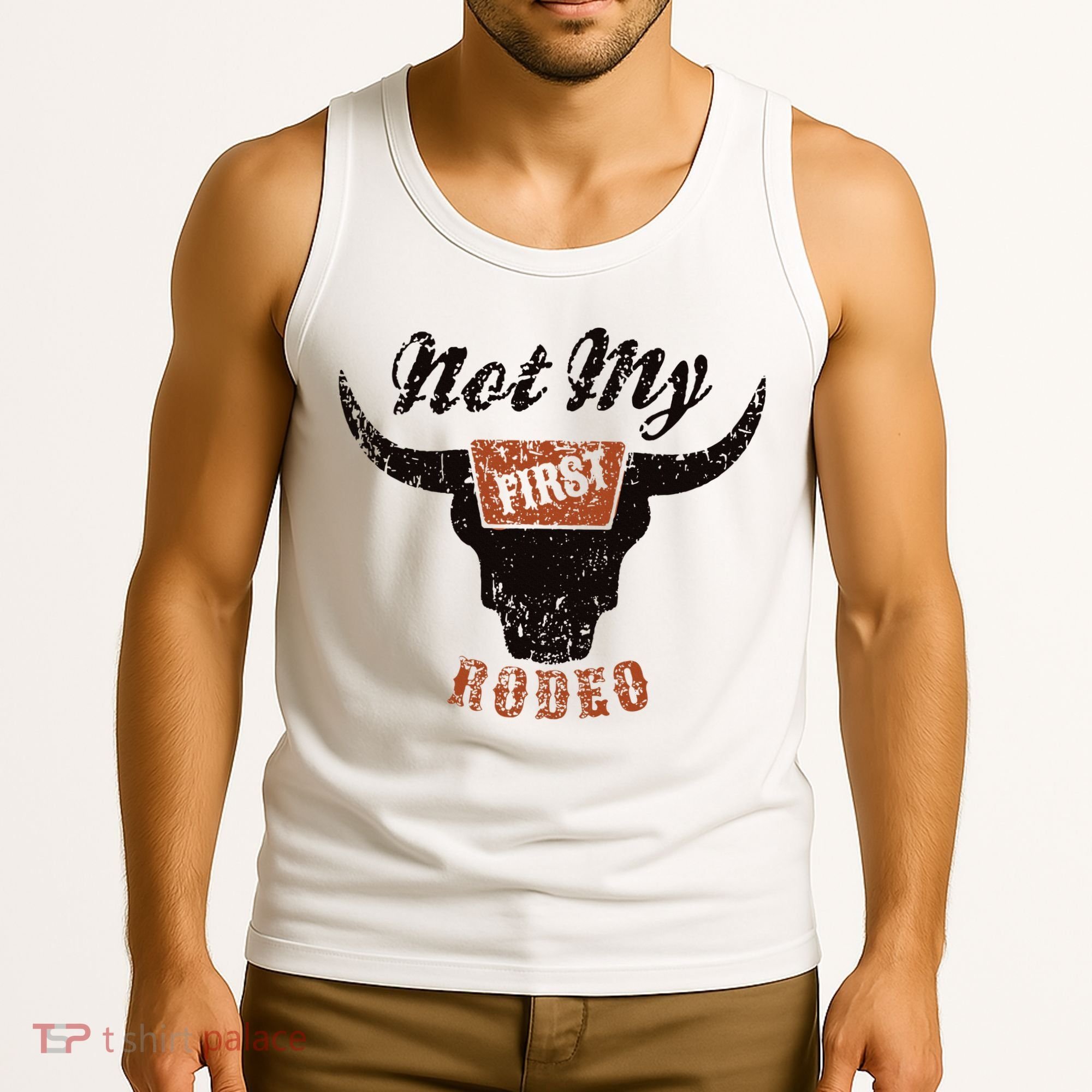 Retro Bull Skull Not My First Rodeo Western Country Cowboy Tank Top