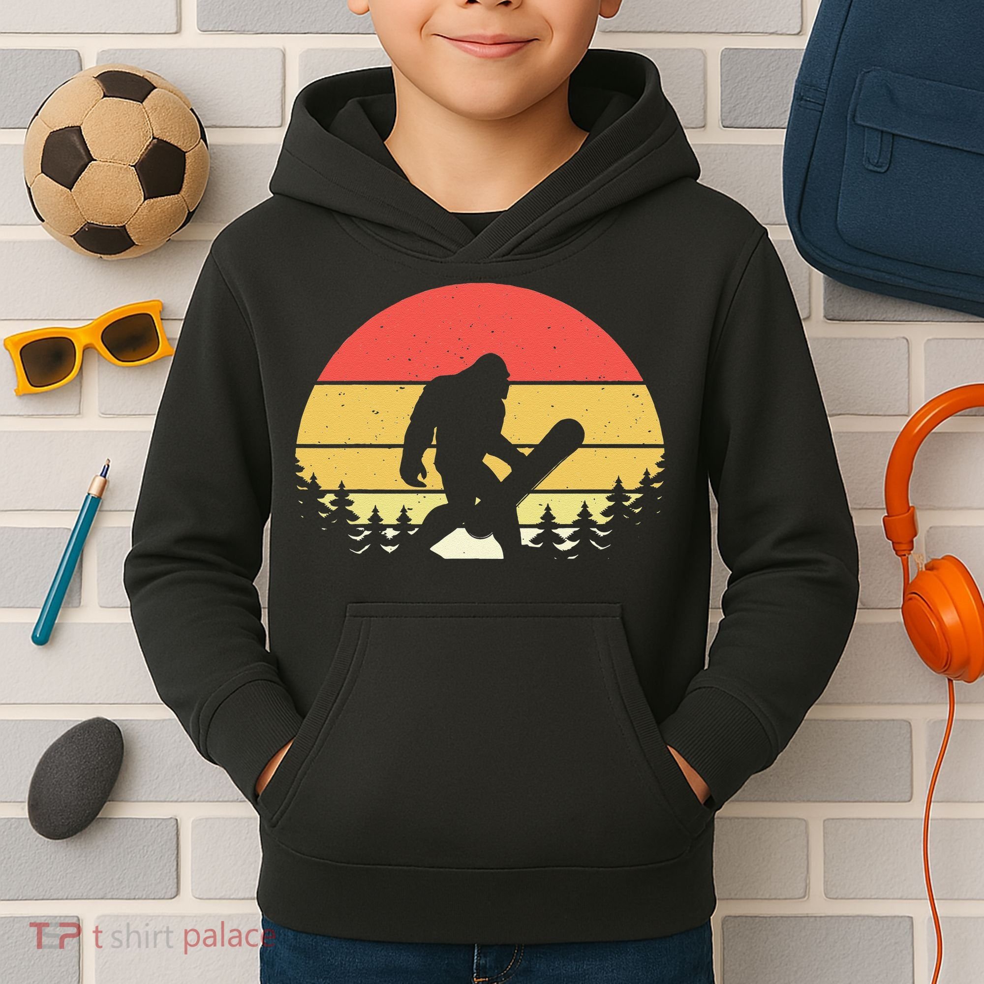 Retro Bigfoot Snowboard Shirt Sasquatch Snowboarding Lovers Kids Hoodie
