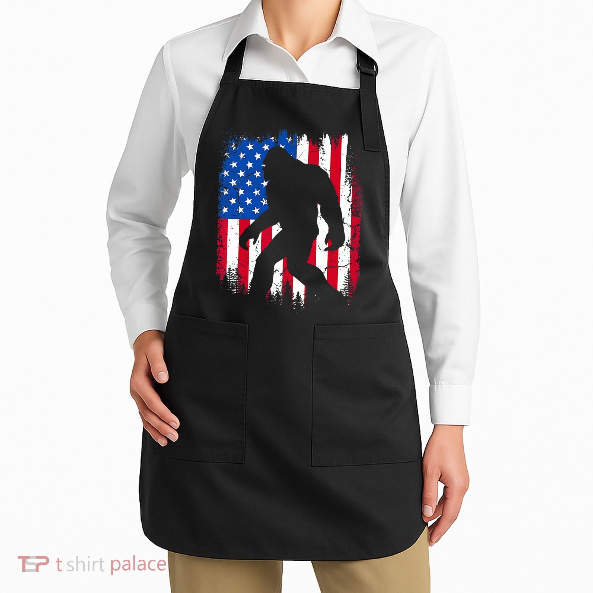 Retro Bigfoot Silhouette USA Flag Sasquatch Lovers July 4th Apron