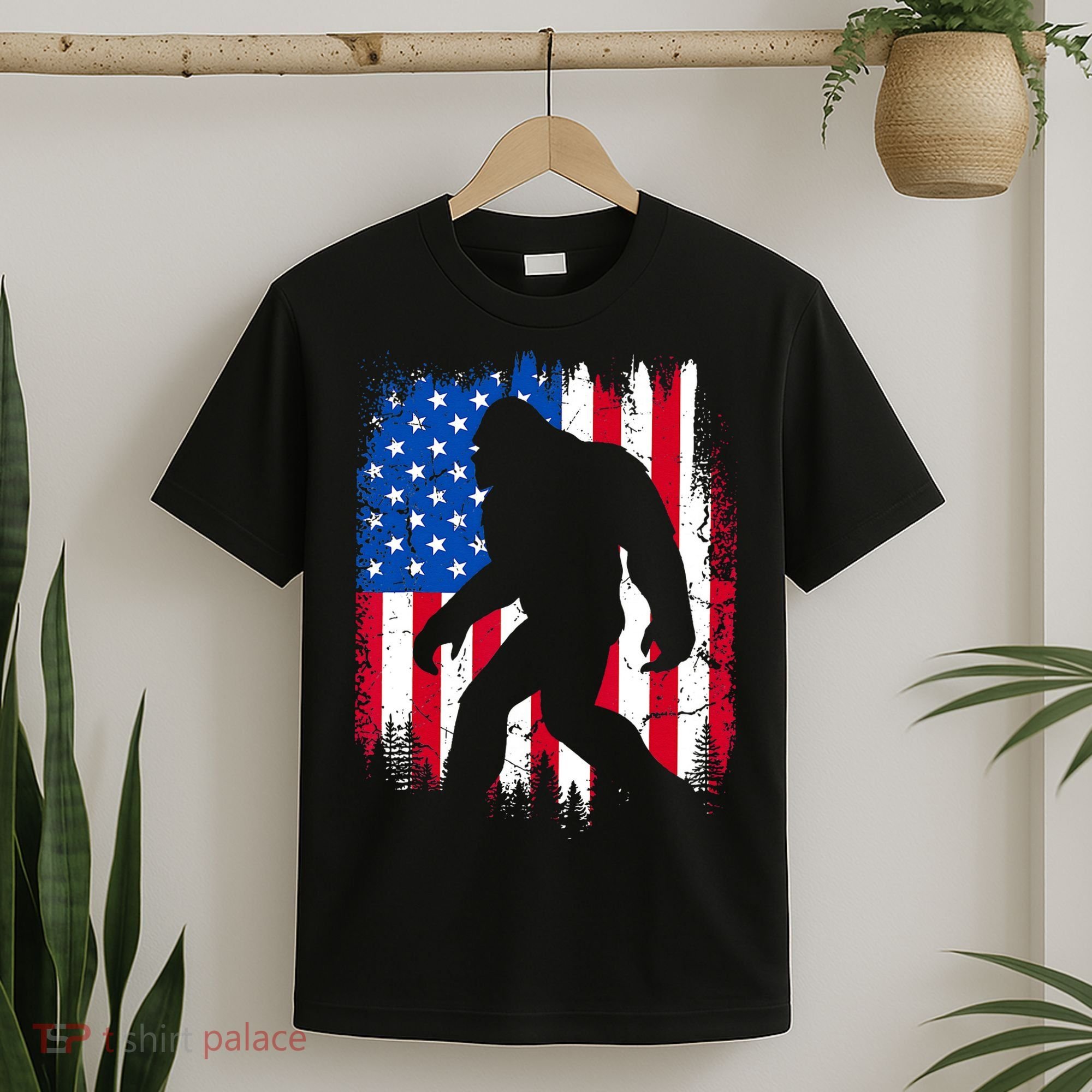 Retro Bigfoot Silhouette USA Flag Sasquatch Lovers July 4th T-Shirt