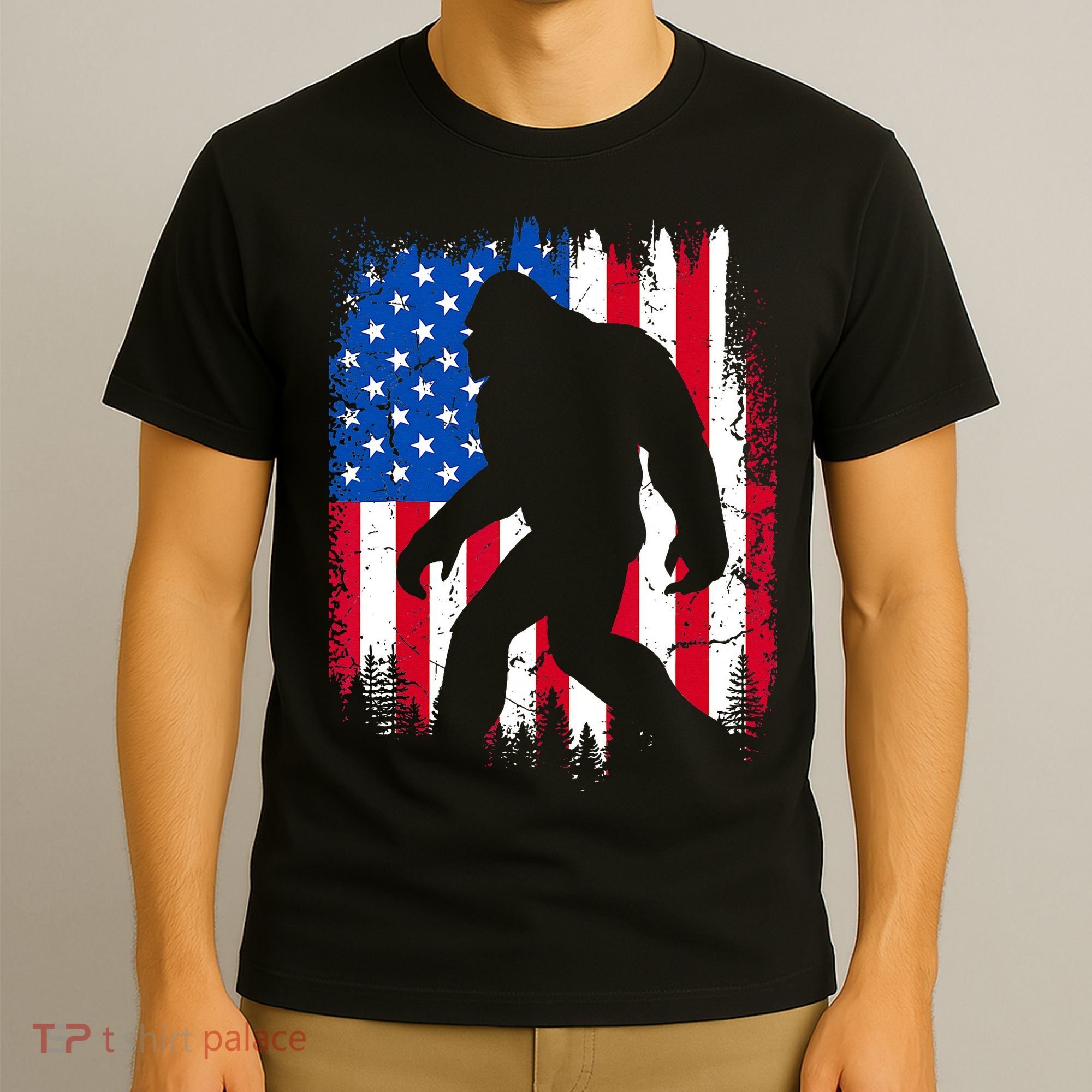 Retro Bigfoot Silhouette USA Flag Sasquatch Lovers July 4th T-Shirt