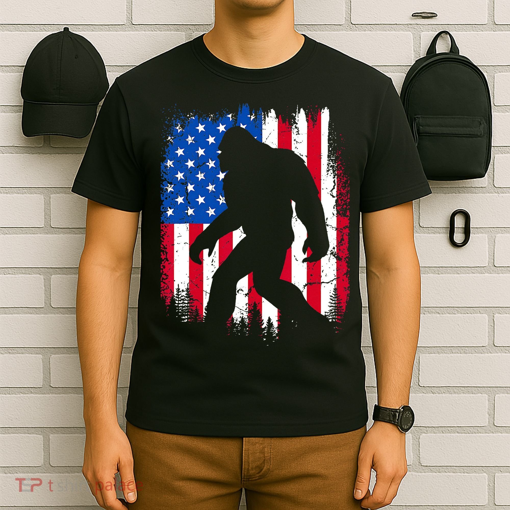 Retro Bigfoot Silhouette USA Flag Sasquatch Lovers July 4th T-Shirt