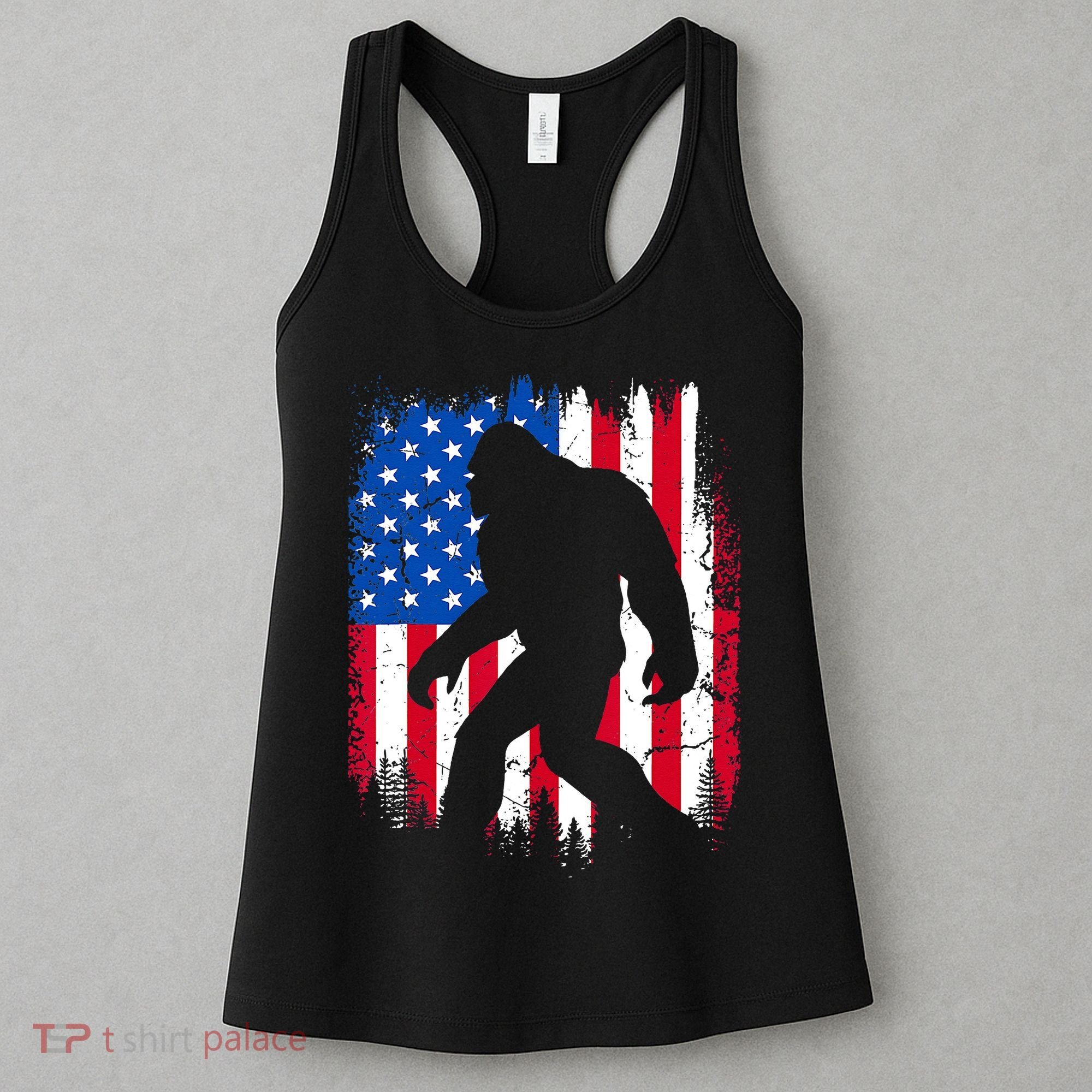 Retro Bigfoot Silhouette USA Flag Sasquatch Lovers July 4th Women's Tank Top